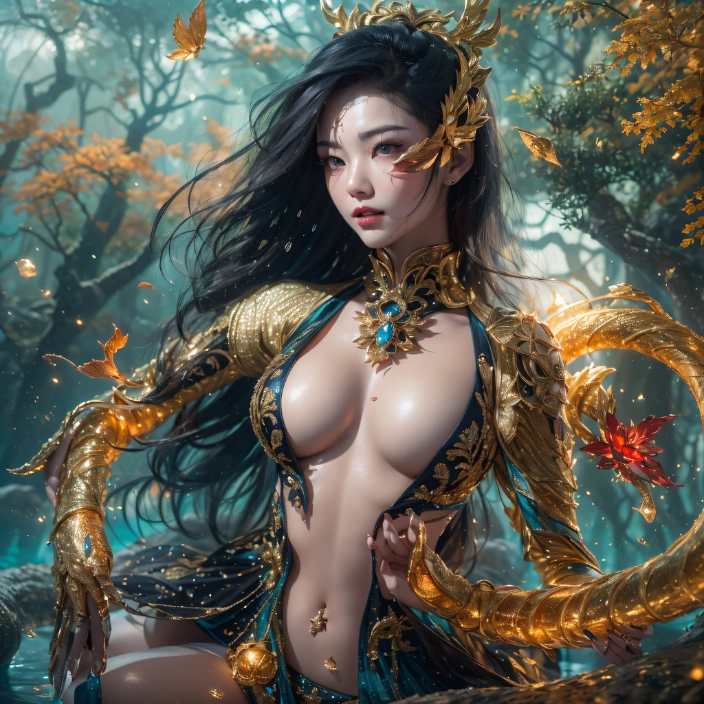 Fly the Nine-Tailed Light Blue Sky Division Flame Hairy Bear Star,Erotic,Torch Night Black Gold Orange Brocade Silk Snake Print Silk Pants,Rouge diamond tulle sheer lizard-patterned leggings,Fat Girl Space Flying in the Snow 1:900 miniatures,Front view,Pure transparency,Wear boxing gloves,Wear thick-rimmed reflective sunglasses with gold threads,Panorama ultra-wide angle,extremely happy,The texture of the real person is delicate,Strong visual impact,Hyper-detailing,Dream girl,Refined face,prettyeyes,Hair strands float in the air, Cherry model,Ouyang Xiaotong,crystal-clear,Good sense of perspective,Light and shadow effects,16K smooth,Surface reflected light,Flowing black hair,Water Goddess 32K,复杂,ellegance,highly detailed,A majestic,Digital photography,Autumn cowboy shot,surrealism painting,Broken rubies,Beating magic,Entwined water magic,(tmasterpiece,Cinematic light,Fine beautiful eyes:1.2),hdr,Void 5 Energy Storm,(China 1 girl,Black eyes:1.5),Rouge skin,Glowing skin,(sitting on the stone:1.5),delicated face,Black color hair,Put on palatial gold armor,cropped shoulders,,short skirt,Beautiful golden armor,Rained,big breasts beautiful,looking at viewert,Face away from the camera,tmasterpiece,Lateral face,Side portrait close-up