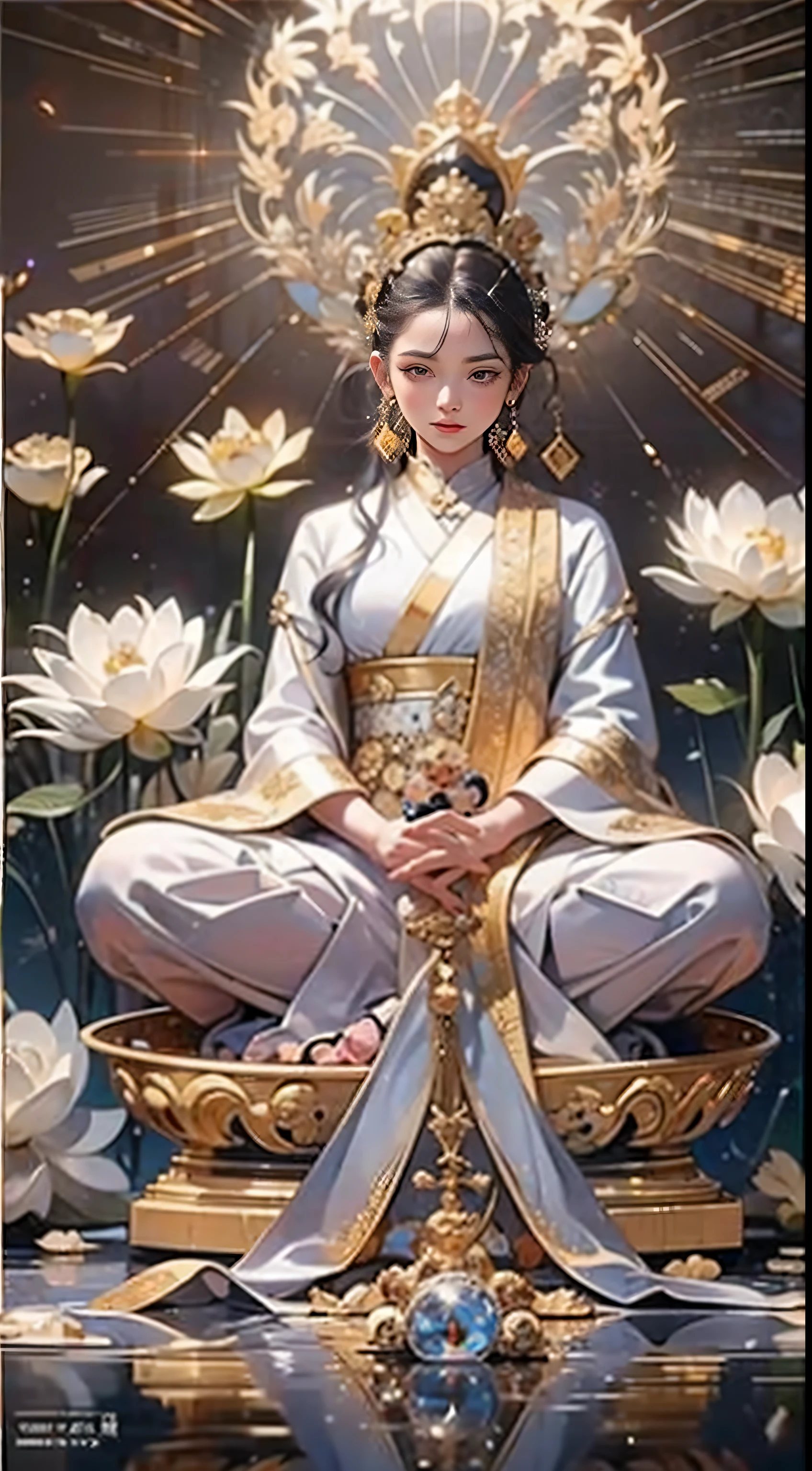 (Chinese immortals), (Buddhism), Multip_Hands,(mythological stories), (bodhisattva), She sits on a lotus, (Three hands on the left,Three hands on the right, Each hand holds a different Buddhist vessel, left right symmetry),(Delicate and beautiful face), (White silk robe)sitting on a lotus flower, Frontal photo,Light smile, neo-classical, OP Art, Chiaroscuro, Cinematic lighting, god light, Ray tracing, character sheets, projected inset, first person perspective, hyper HD, Masterpiece, ccurate, Textured skin, Super detail, High details, High quality, Award-Awarded, Best quality, A high resolution, 8K