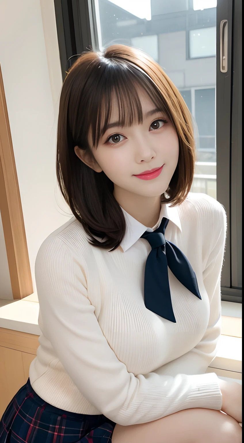 masutepiece, Best Quality, Illustration, Ultra-detailed, finely detail, hight resolution, 8K Wallpaper, Perfect dynamic composition, (Beautiful detailed eyes:1.1), ribon tie, high school uniform, frilled Mini skirt, wavy short bob hair, (gigantic breasts:1.2), Bold sexy poses, Smile, school, 18 years girl, (Cute1.3), Sexy shot looking at camera, cloudy, by the window, winter, sweater, knee socks, lite make up