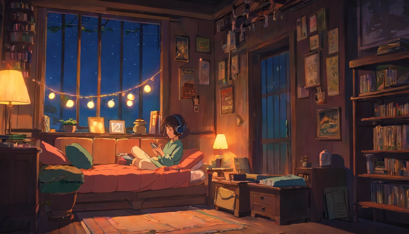 Girl listening to music in cozy room at night, Use headphones, 2D style anime, lo fi, hard disk, dark environment