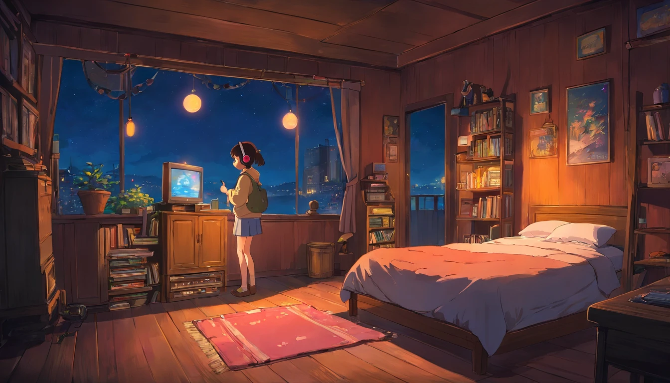 Girl listening to music in cozy room at night, Use headphones, 2D style anime, lo fi, hard disk, dark environment