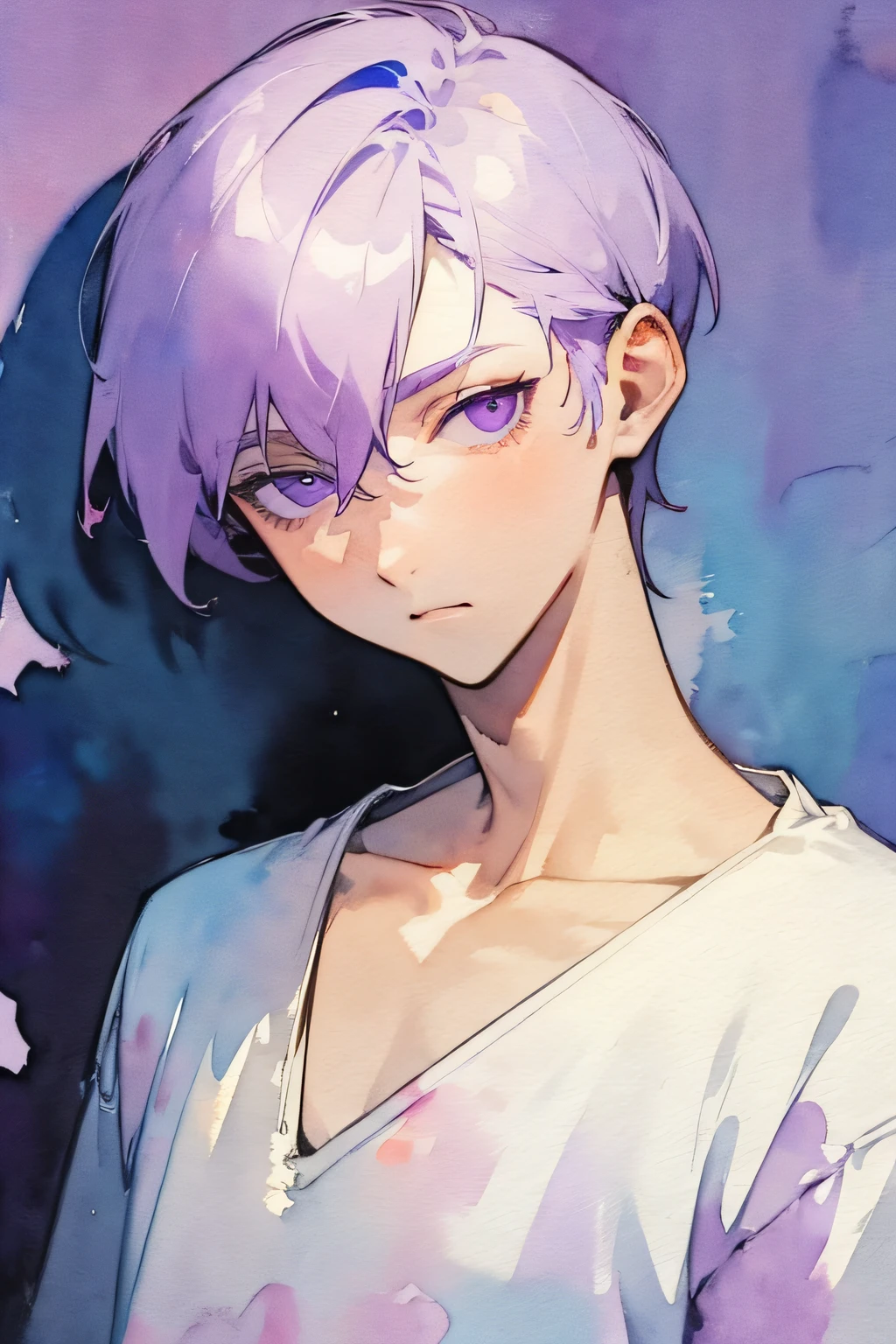 (watercolor:1.5), best quality, masterpiece, simple background, high contrast, high resolution, solid color, 1guy, solo, close up, front, look away, white shirt, sexy nape, clavicle, straight face, close mouth, pale purple short hair, purple eyes, purple highlight,