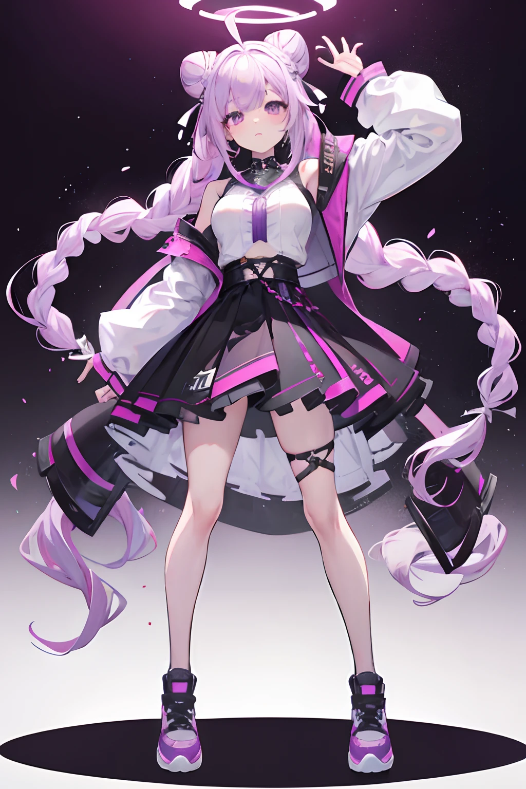 Bun head，Twist braids，light violet hair，teens girl，vivaciousness，a black skirt，full bodyesbian，Full body standing painting，Jump up，pigment，Big dynamics