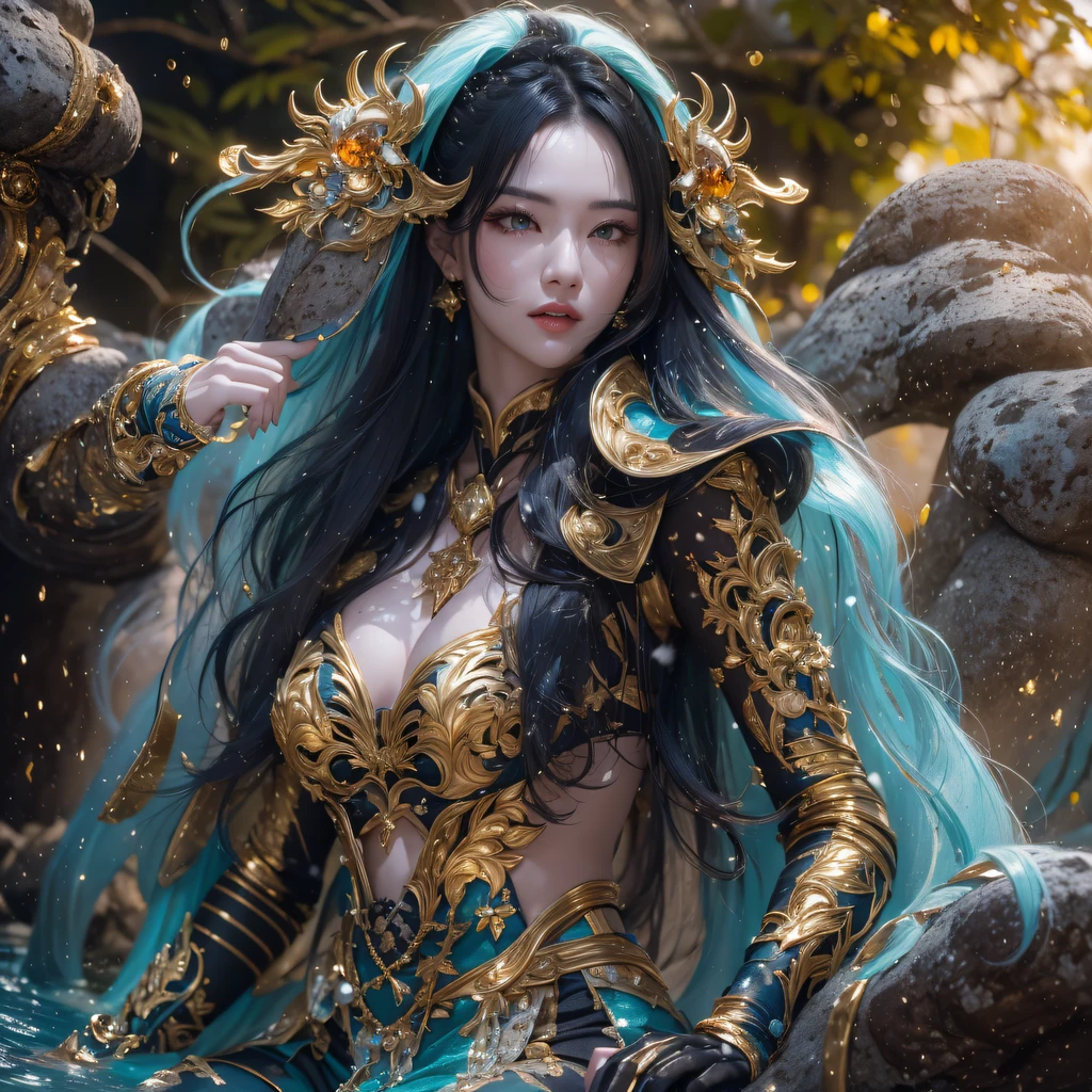 Fly the Nine-Tailed Light Blue Sky Division Flame Hairy Bear Star，Erotic，Torch Night Black Gold Orange Brocade Silk Snake Print Silk Pants，Rouge diamond tulle sheer lizard-patterned leggings，Fat Girl Space Flying in the Snow 1:900 miniatures，Front view，Pure transparency，Wear boxing gloves，Wear thick-rimmed reflective sunglasses with gold threads，Panorama ultra-wide angle，extremely happy，The texture of the real person is delicate，Strong visual impact，Hyper-detailing，Dream girl，Refined face，prettyeyes，Hair strands float in the air， Cherry model，Ouyang Xiaotong，crystal-clear，Good sense of perspective，Light and shadow effects，16K smooth，Surface reflected light，Flowing black hair，Water Goddess 32K，复杂，ellegance，highly  detailed，A majestic，Digital photography，Autumn cowboy shot，surrealism painting，Broken rubies，Beating magic，Entwined water magic，（tmasterpiece，Cinematic light，Fine beautiful eyes：1.2），hdr，Void 5 Energy Storm，(China 1 girl，Black eyes:1.5），Rouge skin，Glowing skin，(sitting on the stone：1.5），delicated face，Black color hair，Put on palatial gold armor，cropped shoulders，，short  skirt，Beautiful golden armor，Rained，big breasts beautiful，looking at viewert，Face away from the camera，tmasterpiece，Lateral face,Side portrait close-up