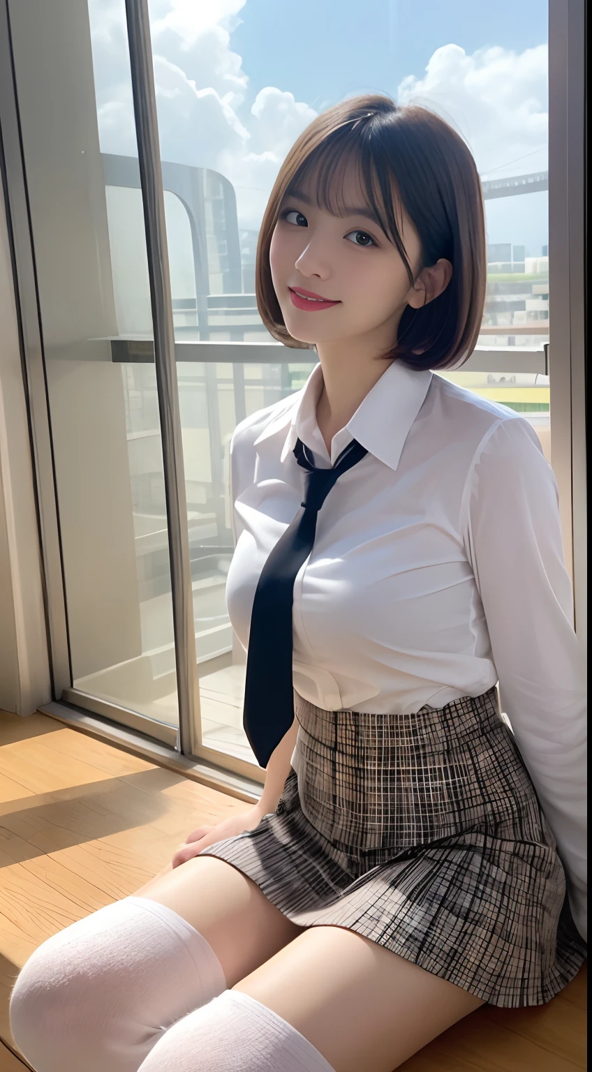 masutepiece, Best Quality, Illustration, Ultra-detailed, finely detail, hight resolution, 8K Wallpaper, Perfect dynamic composition, (Beautiful detailed eyes:1.1), ribon tie, high school uniform, frilled Mini skirt, wavy short bob hair, (gigantic breasts:1.2), Bold sexy poses, Smile, school, 18 years girl, (Cute1.3), Sexy shot looking at camera, cloudy, by the window, winter, sweater, knee socks, lite make up
