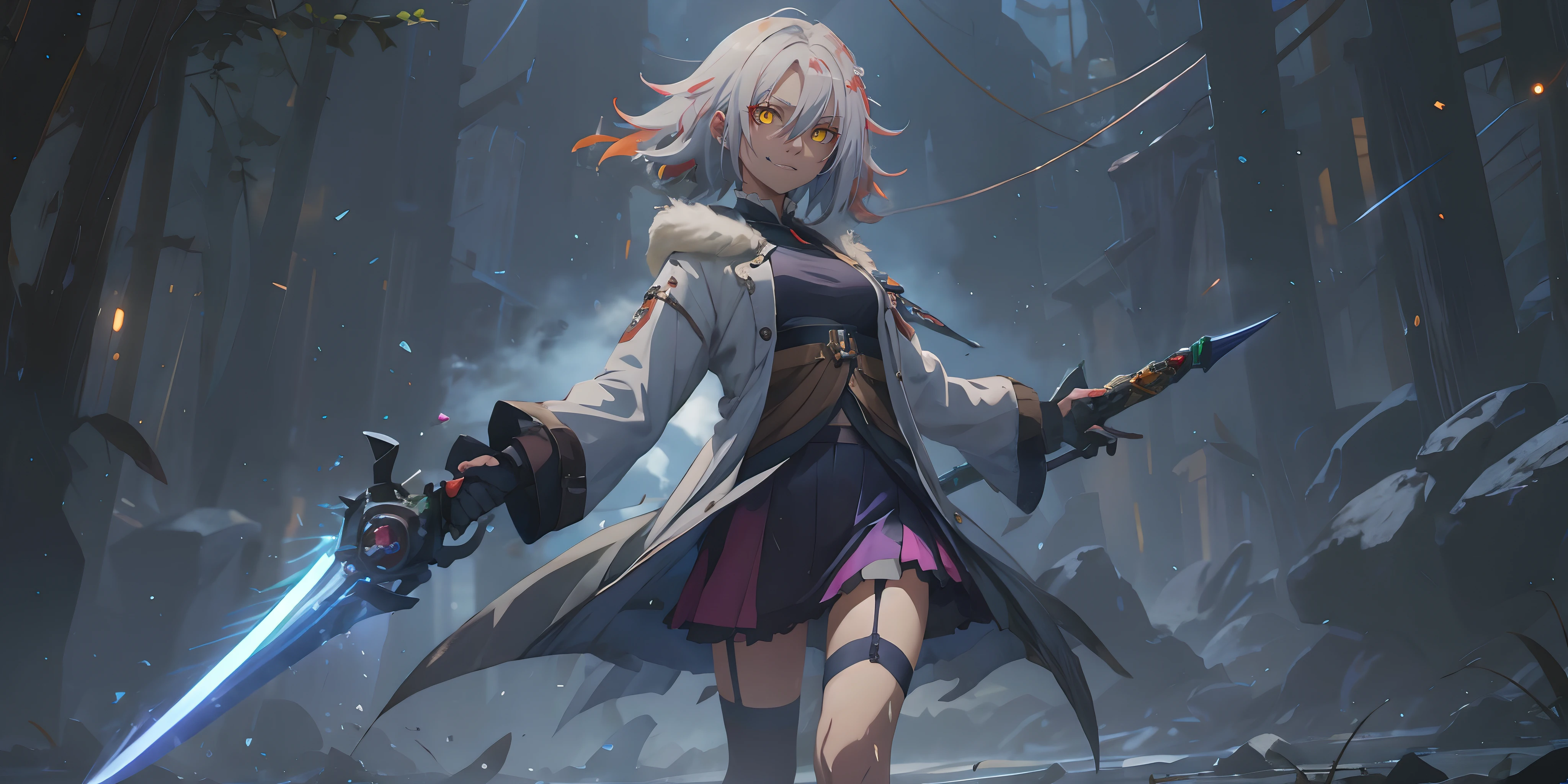 1girl, sword, holding, weapon, solo, gloves, holding_weapon, standing, holding_sword, thighhighs, black_legwear, looking_at_viewer, outdoors, long_sleeves, breasts, wide_sleeves, garter_straps, dual_wielding, coat, medium_breasts, night, black_capelet, white_jacket, blurry_background, black_shirt, black_skirt, open_coat, short_shorts, shorts, "glow effects, godrays, Hand drawn, render, 8k, octane render, cinema 4d, blender, dark, atmospheric 4k ultra detailed, cinematic, Sharp focus, big depth of field, Masterpiece, colors, 3d octane render, 4k, concept art, trending on artstation, hyperrealistic, Vivid colors, extremely detailed CG unity 8k wallpaper, trending on CGSociety, Intricate, High Detail, dramatic", anime coloring, anime screencap, sweating, steaming body, fog