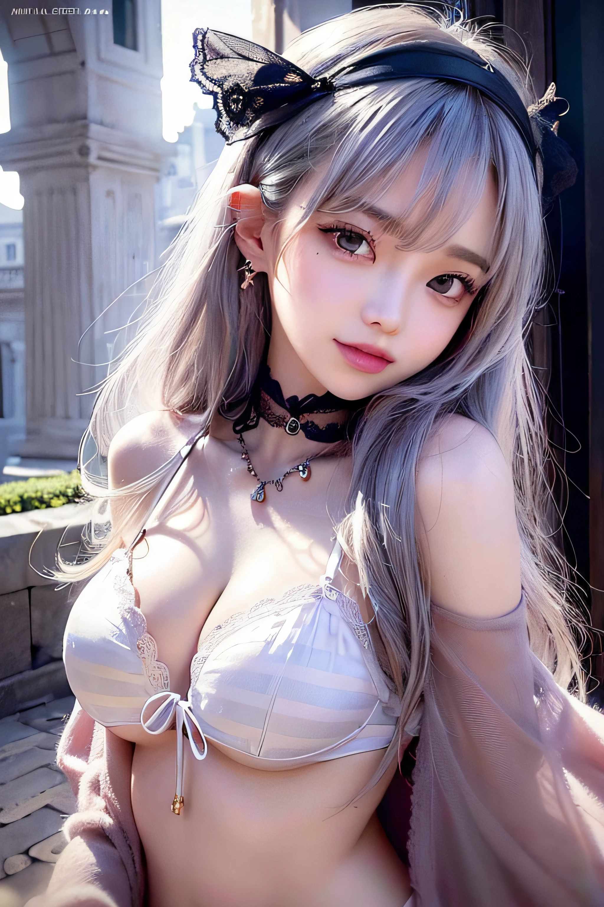 Sexy , Full face， (Slim shoulder straps, Ultra-low-cut top)( Very close view )Women's watches，[Face view] , ((High slit panties))，clothes see-through (((Outdoor paradise))), ((Petals flying in the air ))，Light smile，，camel-toe,(Crystal colorful lights),，Soft clouds，(Cover with a scarf), ((Super short cute pattern cotton coat|no underwares|Slightly perspective ) ((greek architecture，Bohemian architecture，Hindu temples，Thai snacks，Thai style)) starrysky，Beautiful，hips bare，earring，Pink sexy yarn,（(Striped underwear、Black openwork underwear、Transparent embroidered tulle underwear set,Gold bracelets，Pink lace gloves)）Lace pantyhose、Lace gloves、Wedding headscarf、pearls necklace,（ dress）(Very small panties),Moles under eyes, ((Gray-pink hair))，Crystal glowing necklace
（（Masterpiece））,（realisticlying：1.2）,best qualtiy,high high quality,absurderes,rich colourful,stunning art,best qualtiy, ultra - detailed,beautifuldetails， reflective hair,Good lighting, Ray traching， depth of fields,ultra - detailed,illustratio,astounding,finedetail,The is very detailed， （（ultra - detailed））， （Beautiful Meticulous Girl）， Beautiful detail glow， Complicated details， A high resolution， Extremely refined and beautiful,beatiful detailed eyes， hdr， Round eyes, detailedfacialfeatures,（Round pupils：1.4） （illustratio）,（美丽细致的眼睛）（Very very detailed face））， ((depth of fields))((Solid)),（alluring face）(（ssmile：1.3）)， Smiling lips， （looking at viewert：1.1） closeup cleavage， wide wide shot， Side Body， photore， lewd poses ， Moody light， Sistine Phil Beldev, Smile，（（（Masterpiece，Best quality，A high resolution）））），Extremely detailed 8K，Beautiful girl with busty body，（hyper HD，ultra - detailed，High detail，high realistic，Ultra-realistic，Photo realism）,（1girll：1.5）,（realistic dark hair），Short curly hair，Bob cuts hair，（Dynamic posture）,A shallow smile,Open lips，Detailed eyes，Bigchest，(Breast enlargement)
（Beautiful and detailed face，Beautiful and delicate eyes），Sunlight）,（Beautiful buttocks 0.5），Color backlight