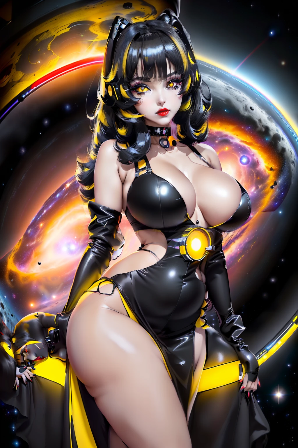 ((Black hole-chan character from internet)) ((beautiful face)) (red lipstick) ((big black eyes with yellow iris)) ((very long black and yellow straight hairstyle)) ((very huge breasts)) (perfect slim body) ((wears long black dress with galaxy patter)) ((choker)) ((posing sexy on space station)) (high resolution dynamic lights and shadows) ((masterpiece)) (8k) (perfect face) (best quality) (perfect hands and eyes)