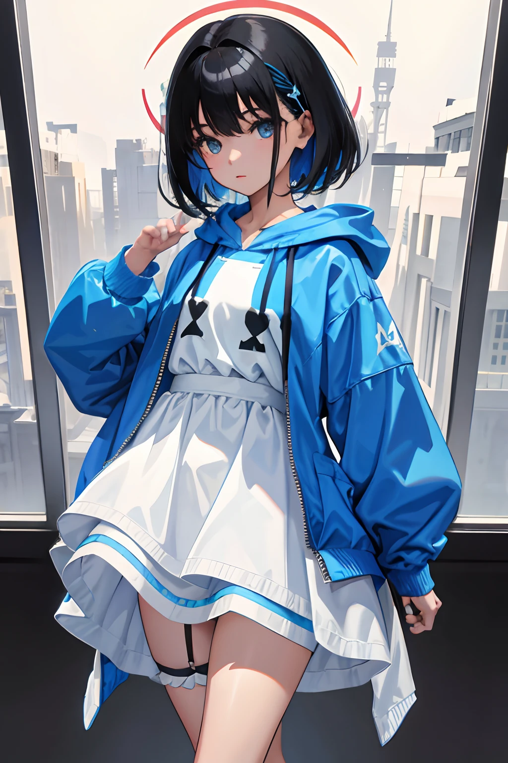 child,(masterpiece,Highest Quality),Light blue hoodie,(garter skirt),shortsleeves,A dark-haired