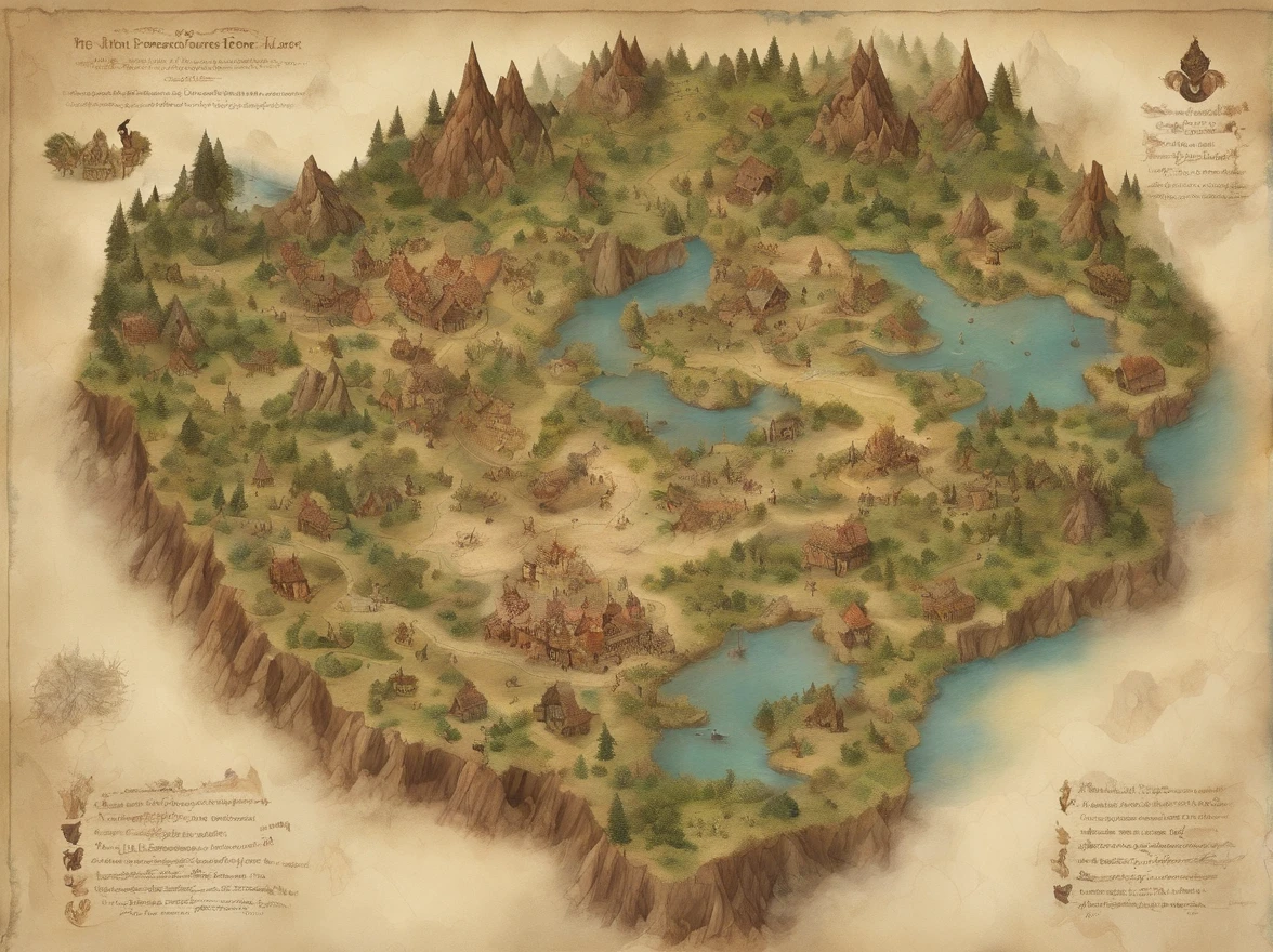 Aerial view taken from top to bottom directly from the drone, Mapa de pergaminho do misterioso continente, (Huge roots of black magic sprout from the West:1.2), (Magia nnecrosa negra no ar:1.2), fire, Ice and thunder, Dungeons and Dragons, Final Fantasy, arte do jogo, (Arquitetura e design de interiores coerentes, with realistic proportions and textures, detalhes intrincados, hand-painted, vibrante, Cinematic lighting, master part, 8k:1.2),world map,In the middle of the map is the Holy City,The surrounding area is dotted with villages and a lake or two,In the upper right corner are the snow-capped mountains,In the lower right corner is the desert.There are also cave forests, Swamp Lake,atlas,Mapa continental