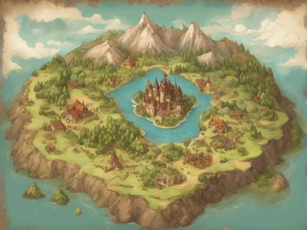 Aerial view taken from top to bottom directly from the drone, Mapa de pergaminho do misterioso continente, (Huge roots of black magic sprout from the West:1.2), (Magia nnecrosa negra no ar:1.2), fire, Ice and thunder, Dungeons and Dragons, Final Fantasy, arte do jogo, (Arquitetura e design de interiores coerentes, with realistic proportions and textures, detalhes intrincados, hand-painted, vibrante, Cinematic lighting, master part, 8k:1.2),world map,In the middle of the map is the Holy City,The surrounding area is dotted with villages and a lake or two,In the upper right corner are the snow-capped mountains,In the lower right corner is the desert.There are also cave forests, Swamp Lake,atlas,Mapa continental