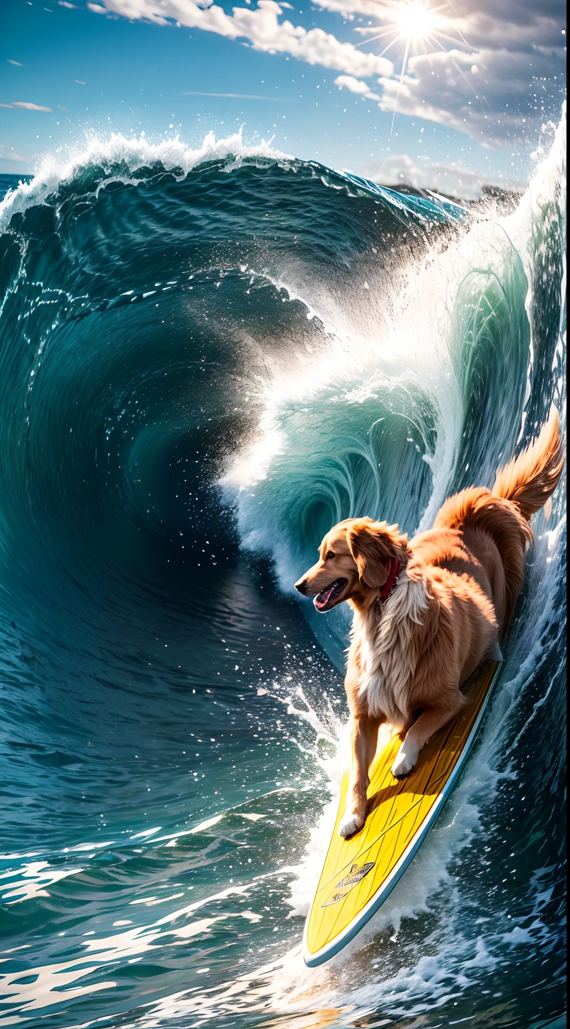 close up photo of a golden retriever surfing in the ocean, waves, a dynamic background