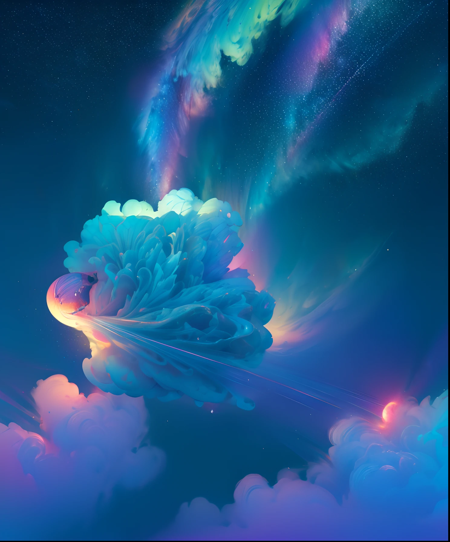 Cute iridescent round monster in space、Iridescent grass々Drawing a butterfly flying over the water, Looking up at the starry sky. Surround her with colorful nebulae and colorful forests.