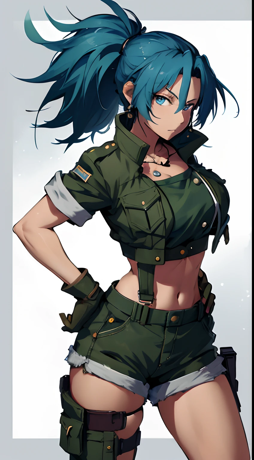 masterpiece,, best quality, highres, 1girl, leona heidern, blue hair, blue eyes, ponytail, green shorts, midriff, crop top, black gloves, breasts, military uniform, green jacket, earrings, jewelry, navel, large breasts, cowboy shot,