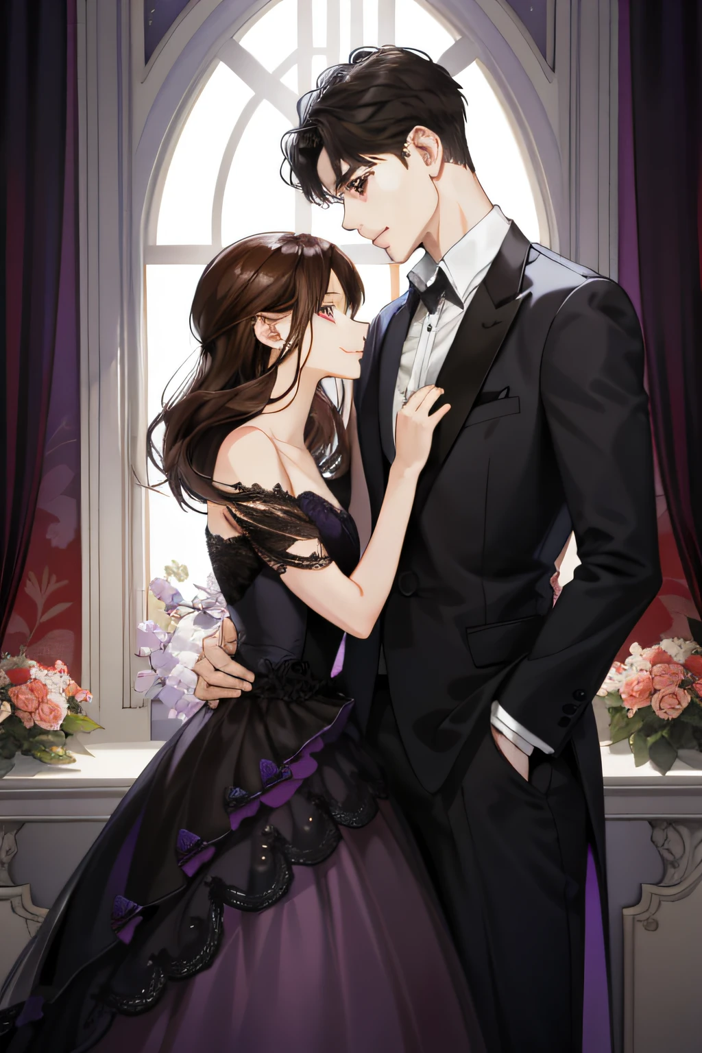 couple, 1 Girl 1 Boy, Face-to-face closure,Tease each other,Height difference,The boy was melancholy,The girl is timid,different hair color, Long black hair and brown eyes, Short light brown hair and gray eyes, Romance, Black Suite, Purple dress, United Kingdom, Luxury room background, Face to face, Romantic