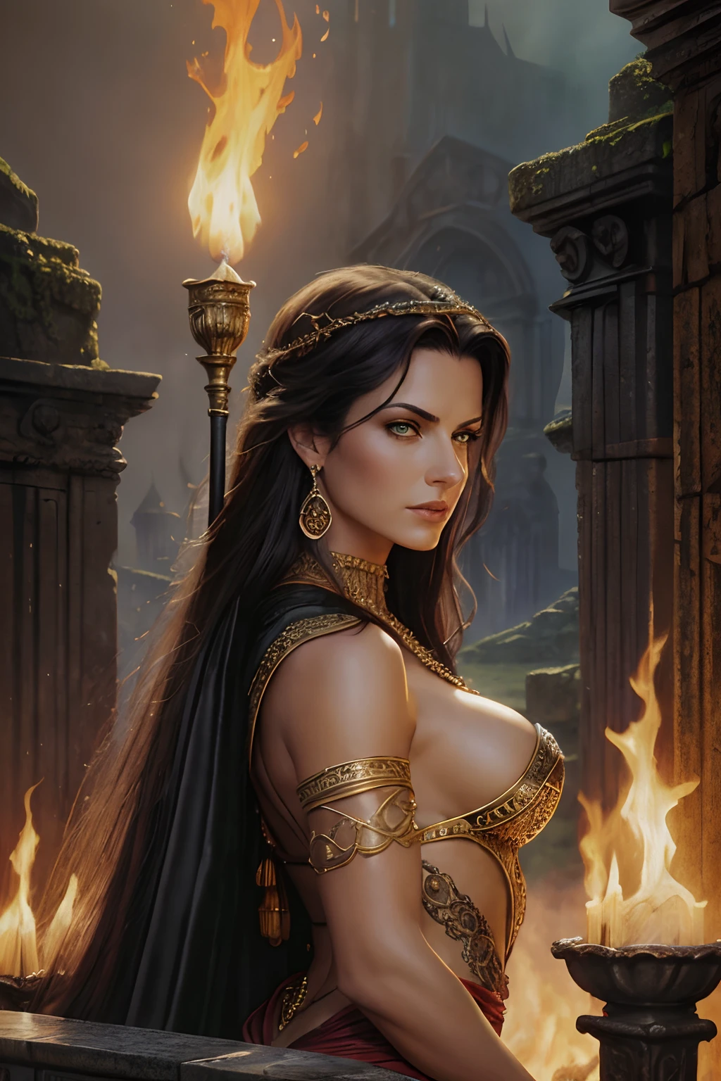 ((realistic:1.5)),((best quality)), ((masterpiece)),((detailed)), a mature stunningly beautiful wicked queen, lush dark hair and green eyes, vain and arrogant, sinister, sparkling jewels and jewelry, inside of her elaborate ancient palace, ancient barbarian city in the background, stone walls, burning torches, burning braziers, piles of gold coins, flowing water, atmospheric fog, by Frank Frazetta, by Luis Royo, by boris vallejo,