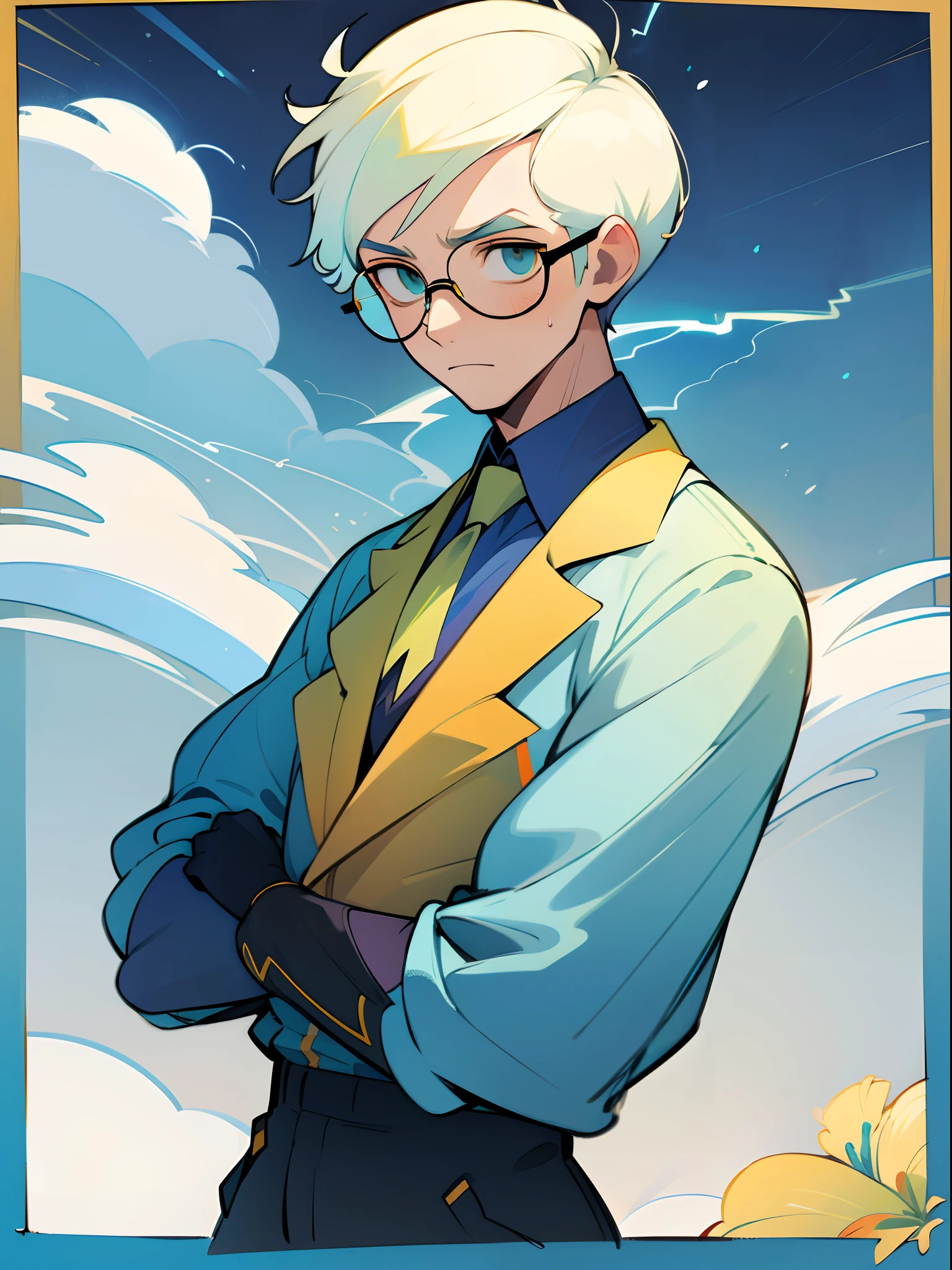 (Excellent, Masterpiece), A Man, Subculture, Shirt, Trendy Color Scheme, Wind, Particles, Various Colors Flower Background, Blue Square Frame Glasses, Upper Body, Lightning Particles Flash