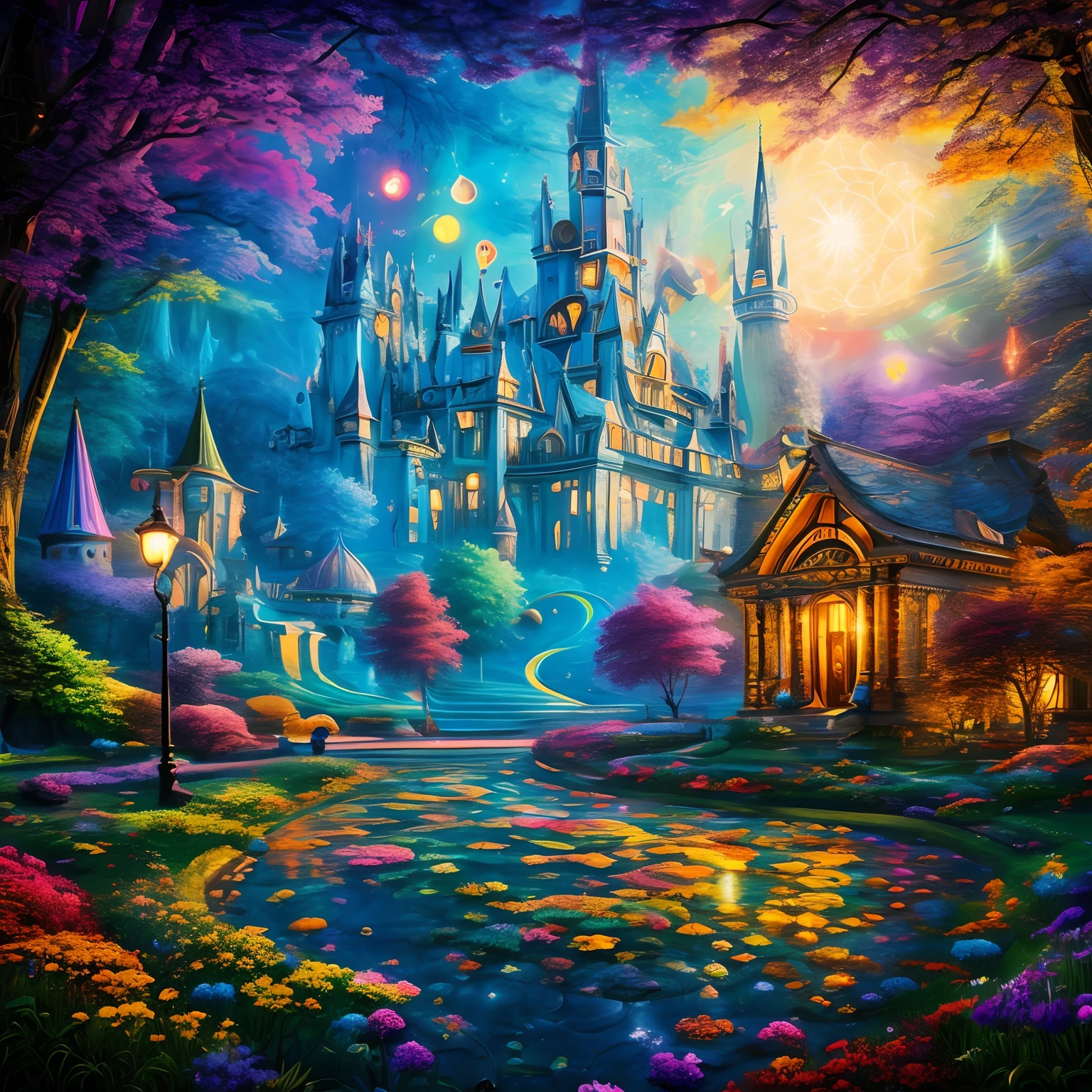 A painting of a castle in the middle of a forest - SeaArt AI