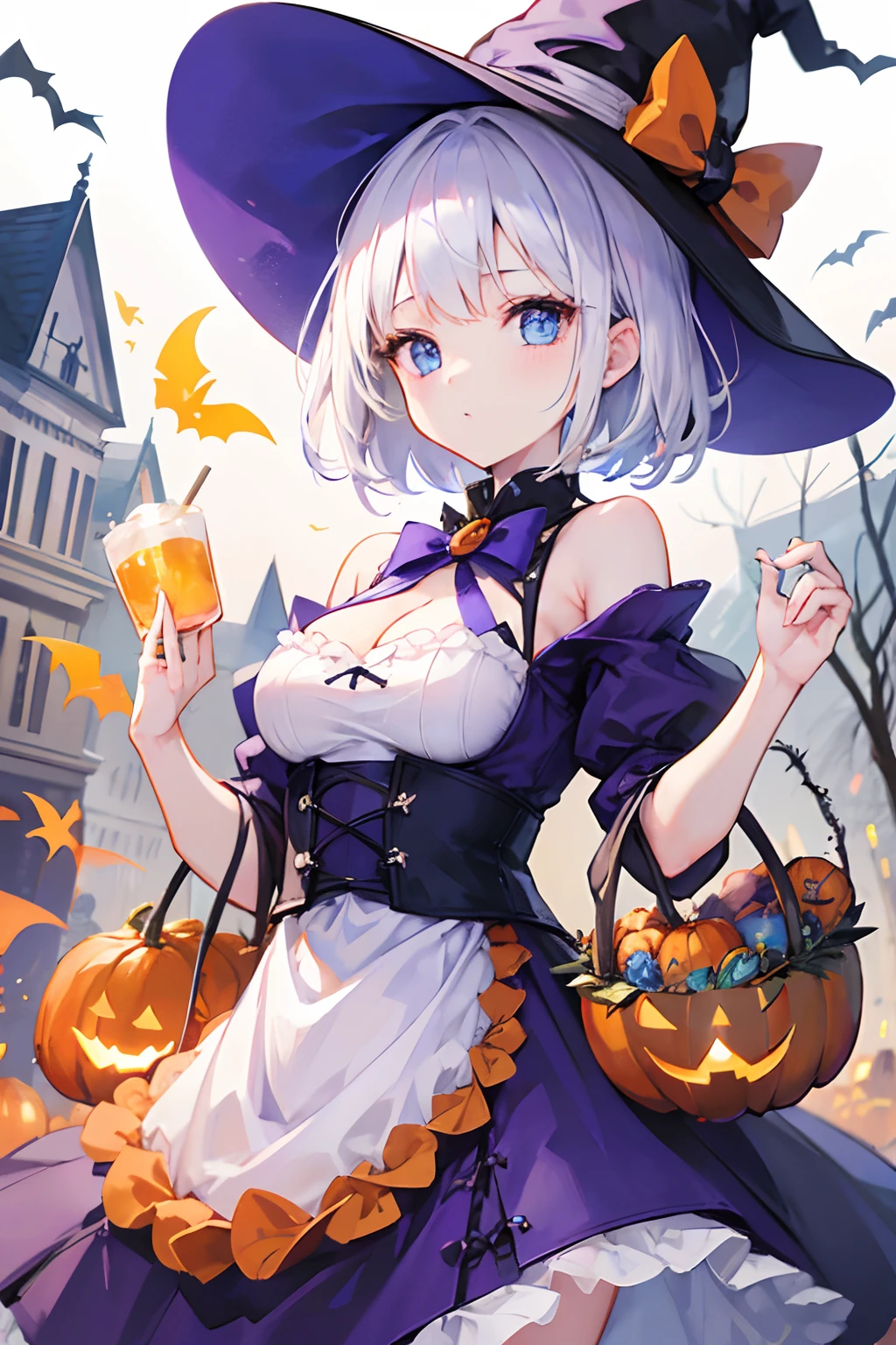 1girl with、white hair、Shorthair、Halloween Building District、Halloween Cosplay、unclear、Blue eyes、Holding a pumpkin-shaped basket with sweets、dark purple witch hat
