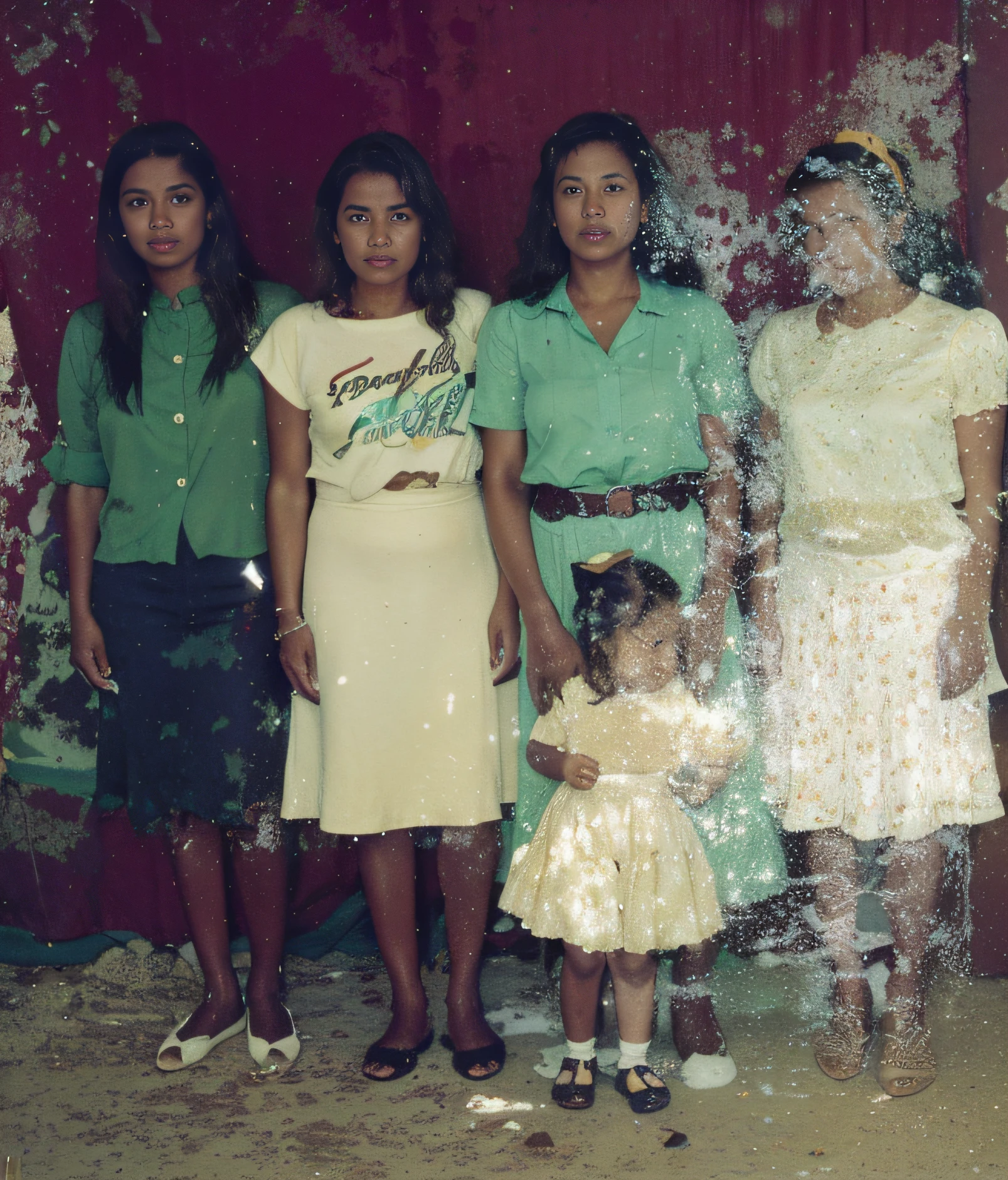 There are three women and a girl standing together in a room, old color photograph, foto antigua, Foto antigua en color, Imagen antigua, Damaged grainy photo, foto restaurada, Location unknown, Vintage granulado, 1 9 8 0 s foto, Photo from the 1980s, foto coloreada, hi-res scan, hi - res scan, 1 9 7 0 s foto
