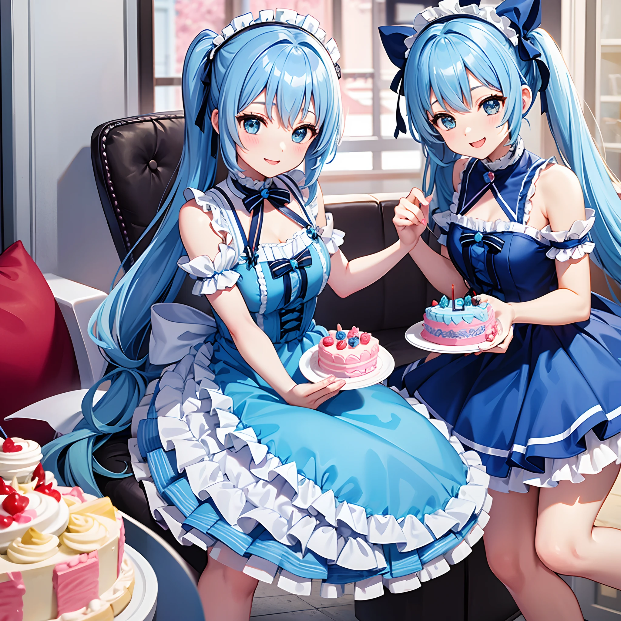 Pretty girl　blue hairs　Long　Twin-tailed　birthday celebration　a cake　adorable smiling　ta style dresses