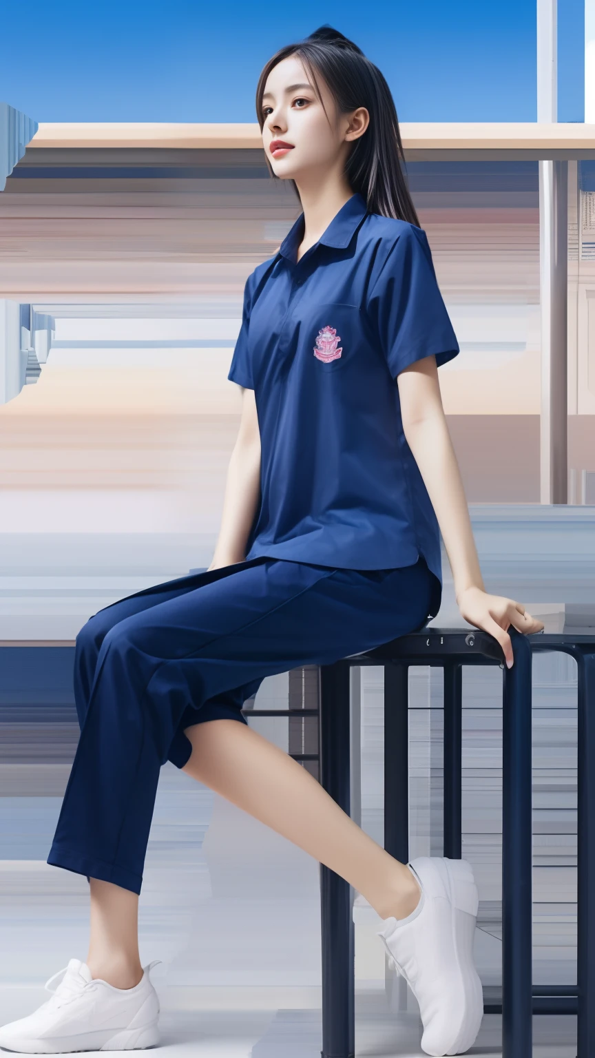 (bestquality,10,10,highres,masterpiece:1.2),ultra-detail,(Realistic,photorealistic portrait,photo-realistic:1.37),1 cute girl sitting on the football field,oily shiny skin,bara,light smile,BDclothes,((blue shirt:1.3)),short sleeves,shirt, trousers.,(navy_long_Pants Track:1.1), ((Stadium Background:1.3)),dynamic angle,excited,face focus,Dynamic Poses,from behide,Ass Focus,masterpiece, bestquality, ultra realistic, hyper-detail, 8k resolution, RAW photo, crisp focus, ((Navy blue shirt:1.1)), short sleeves, Long Path, Perfect body, 2 mature women, 18yo, cinematic light,Blue sweatpants,Gymware,Correct anatomy,Complete body, Correct body, sharp face, Anatomically correct body, full entire body, Realistic gestures, long-haired, Realistic poses,Wear long shorts...............,Long leg span,Shapely,Sculpting Girl, Slender Figure, mannequin mannequins, Shapely, Beautiful body,Blue sweatpants,Seated