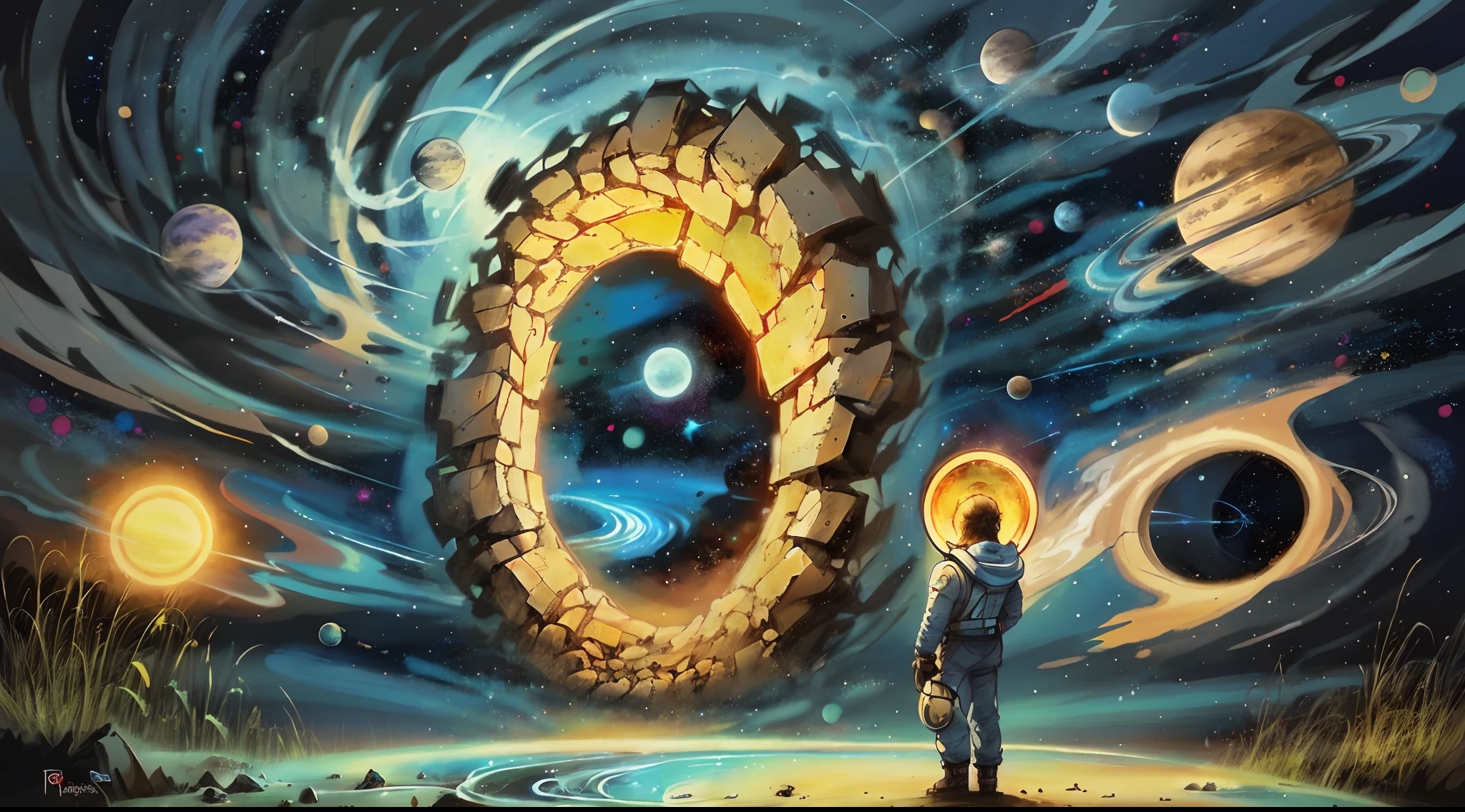 eine Katze, standing in front of a space portal overlooking the sun, gateway to another universe, themoon,Inspired by Cyril Rolando, gateway to another dimension, High quality fantasy stock photo, portal to another world, portal to outer space, In the style of Cyril Rolando, Looking into space, Universe, Magical Galactic Portal, The Cycle of the Stars, God