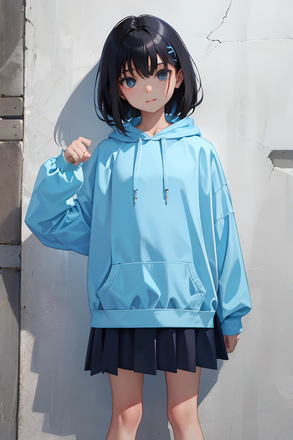 child,(masterpiece,Highest Quality),Light blue hoodie with short sleeves,skirt by the,A dark-haired,Spy