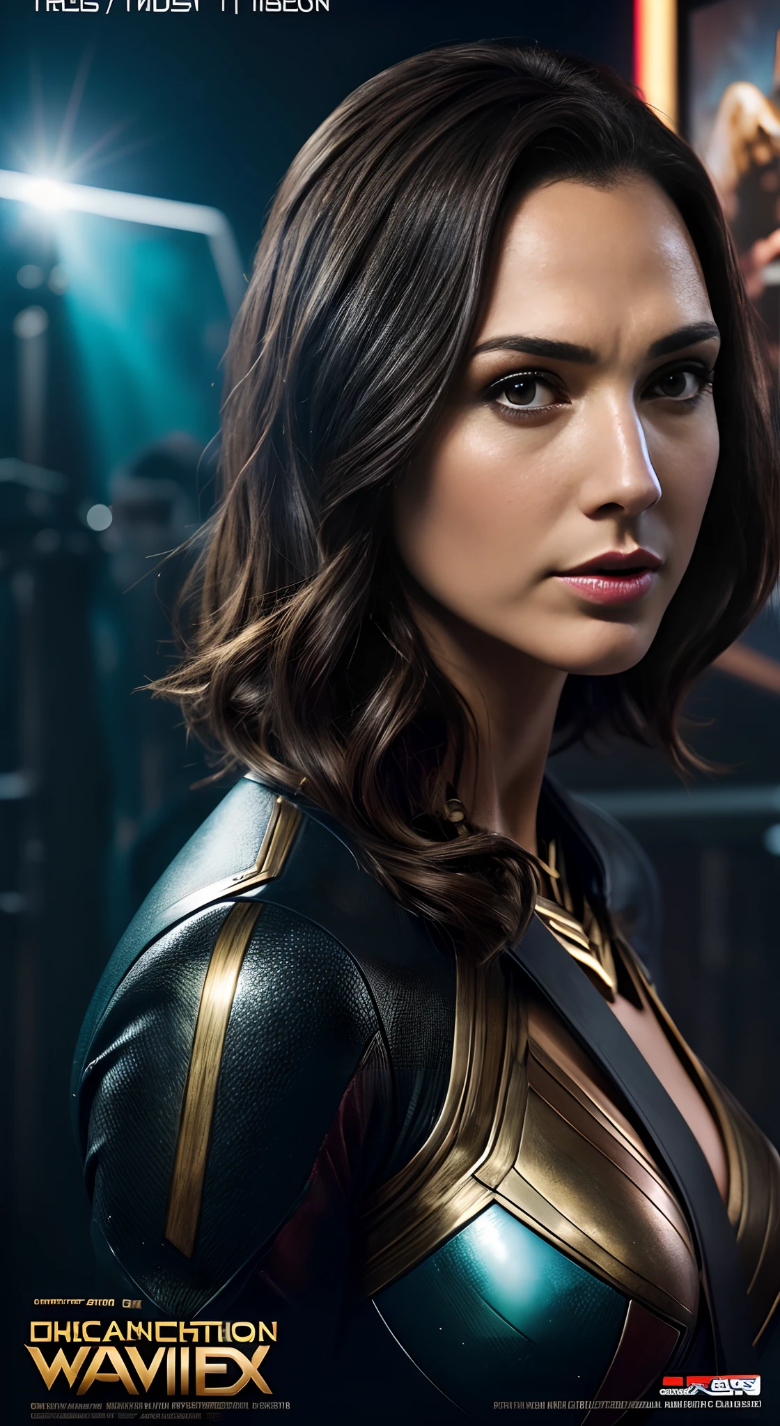 ((Movie premiere poster)), Gal Gadot, wonder women, Dressed in black and looking at the camera，woman , Perfect eyes, Beautiful face，pale brown hair, short detailed hair, bobo head, side parted hair,dynamicposes, Realisticstyle, The scene in which the film was made is depicted，（（best qualtiy））， （（tmasterpiece））， （k hd：1.3）， 。.。.。.。.3D， big breasts beautiful （cyber punk perssonage：1.3）   年轻， photographers，camera，Makeup artist，director，（Scenes：Studio 1.7）， (hdr:1.5), (pastel colour:1.2), ultra - detailed, (Art Station:1.5), Cinematic, warm lights, Light effect, Dramaticlight, (Intricate details:1.1), the complex background, (greg rutkovsky:0.8), (Teal and orange:0.4),((Movie Premiere Poster 1.8)),