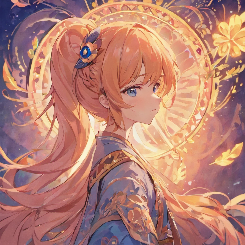 male, peach hair, long hair intermixes with a lot of braid, hair tail is decorated with peacock's tail pattern, white skin, asian boy, beautiful boy, dark pink eyes with sky blue shade