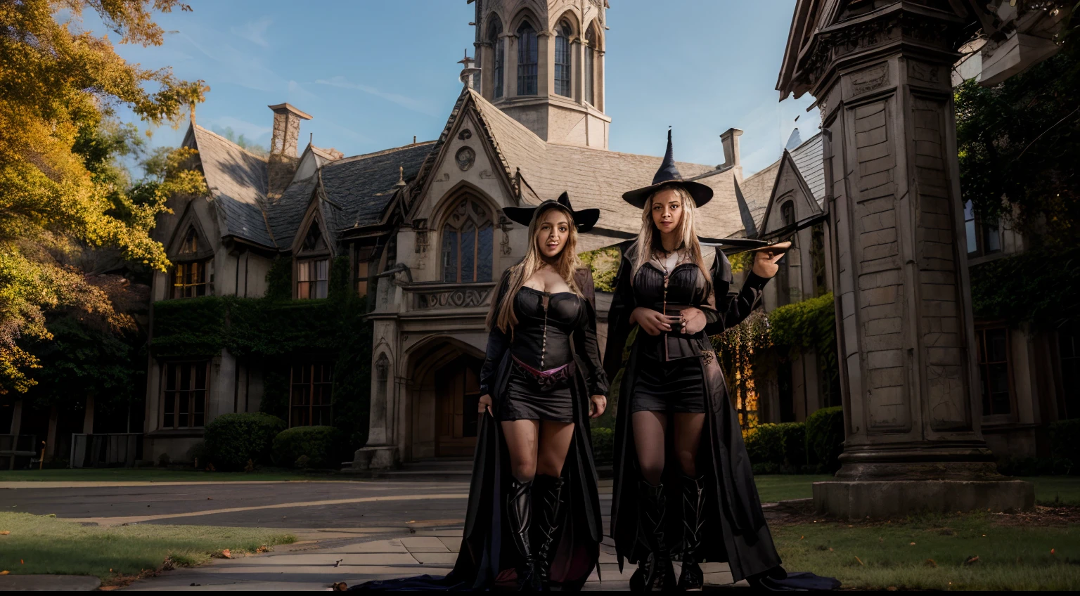 Female busty Professors witch and Female busty Student witches, wearing witch costumes, standing in front of Magical Academy, full body shot wide angled view from below, daylight, giga_busty