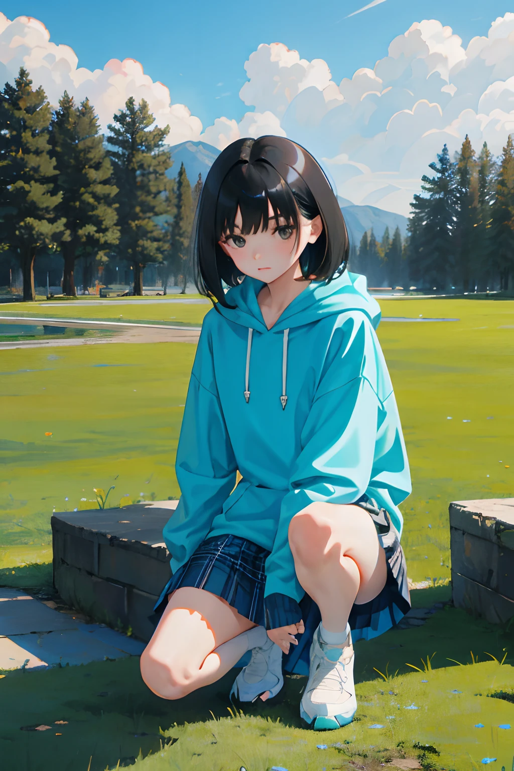 crouching down,child,(masterpiece,Highest Quality),Turquoise Hoodie,plaid skirts,Short sleeved black hair,embarrassed from