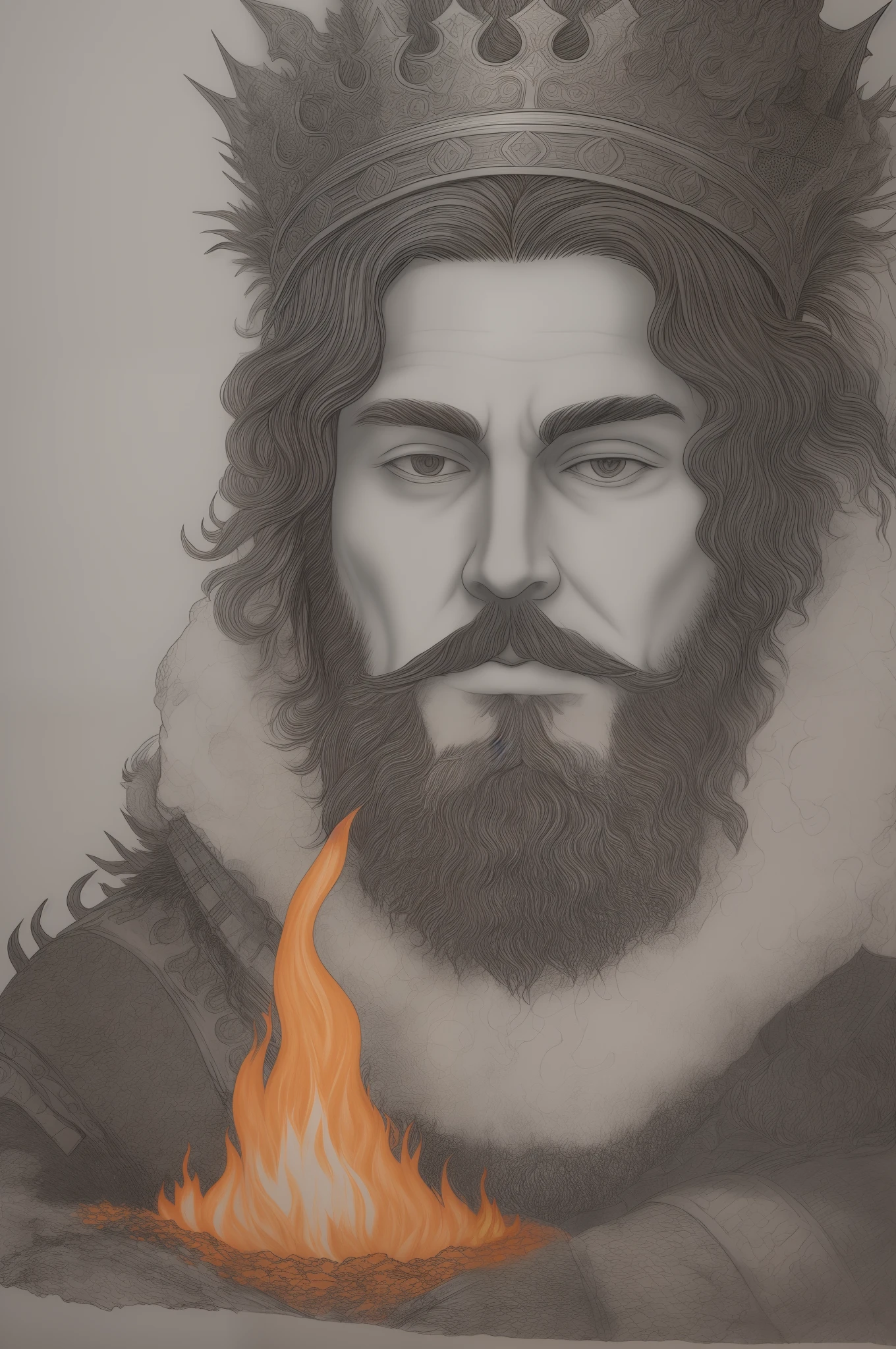 Pen and ink. King with Beard wearing armor made of fire