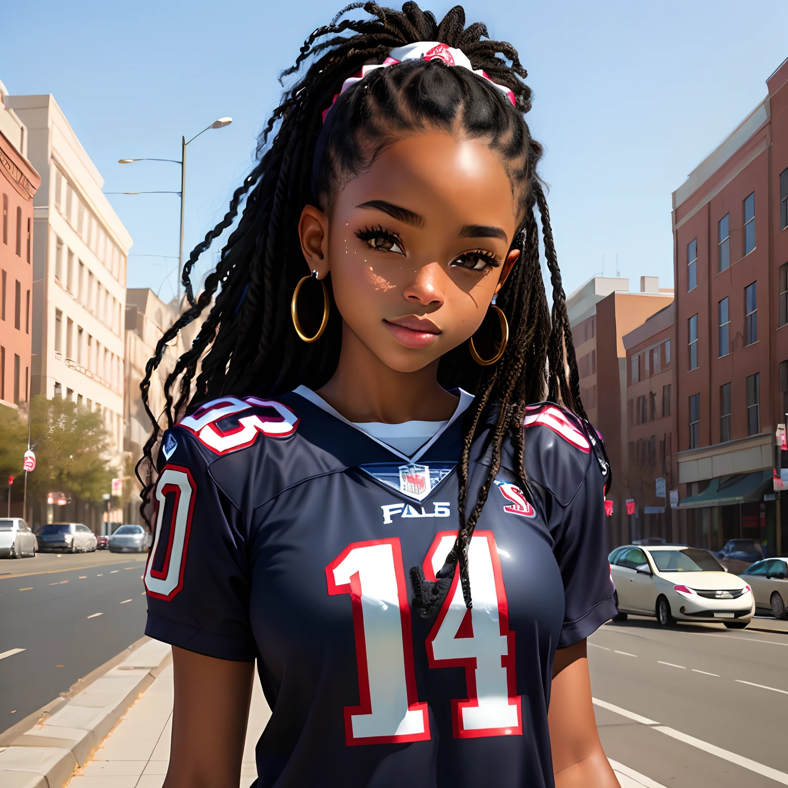 Brown Skin Girl, Anime Style, Slim Curvy body, small tits, dreads covering eyes, small two toned heart shaped lips, vivid, high detail, 4K, basketball court background, basketball Jersey on, socks covering knees, Jordan shoes on