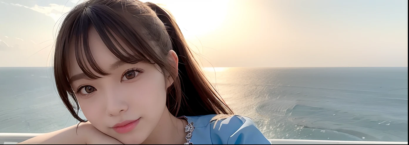 She looks about 13 years old.,huge-breasted,Chest,Brown hair straight ponytail,With a great smile,Babyface× Short,Best Quality,Anatomically correct,Cinematic lighting,textured white skin,masutepiece,Realistic, Ultra-detailed,Brown eyes, dynamic light and shadow, High resolution, Sharp Focus, Realistic pupils,beauty detailed eye,Twinkle Eyes,masutepiece,Best Quality,1 girl,{(Stand outside the observation deck overlooking the sea 600 meters above the ground)}Beautiful blue dress