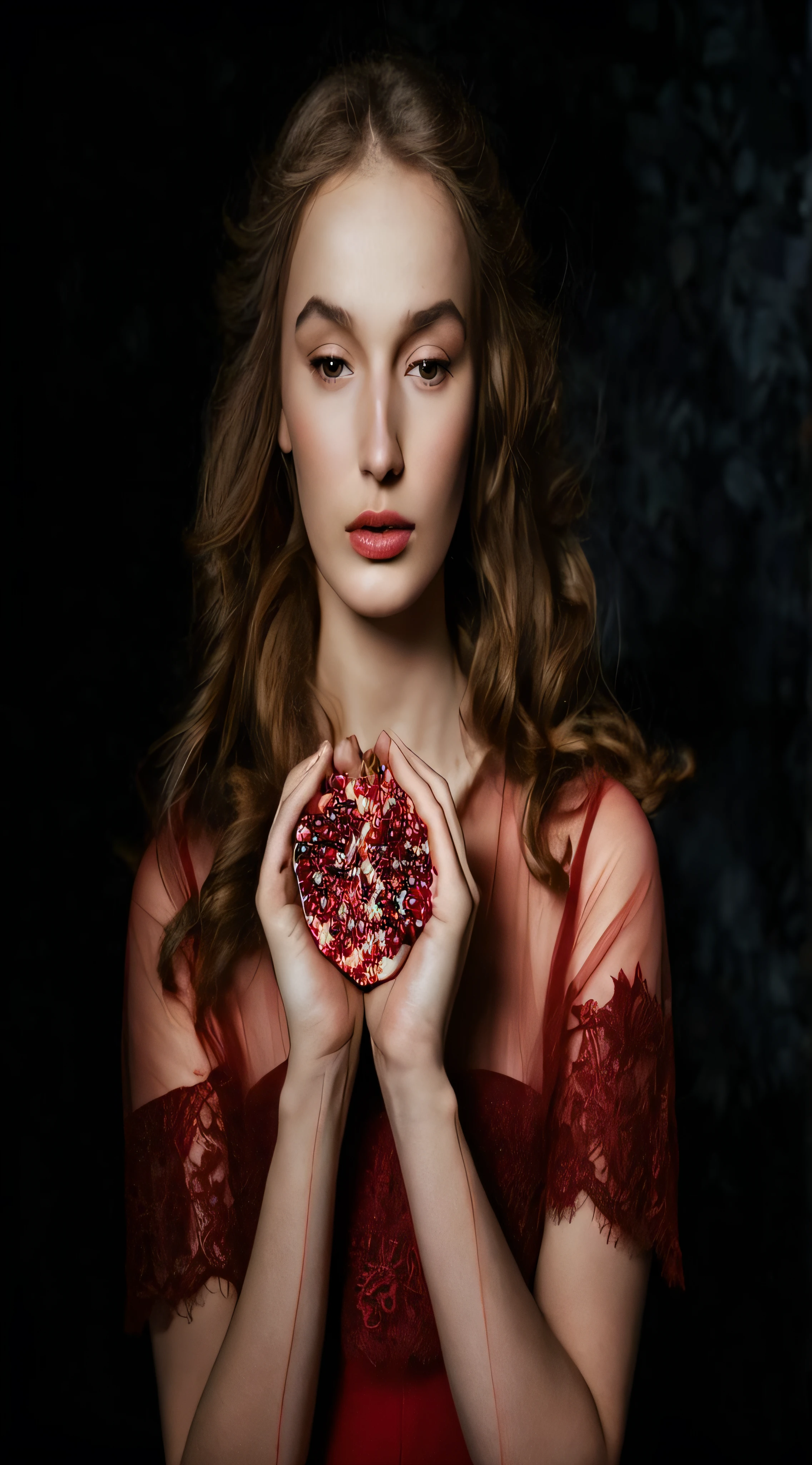 arafed woman in red dress holding a pomegranate in front of her face, by Zofia Stryjenska, fine art fashion photography, monia merlo, by Ignacy Witkiewicz, flora borsi, by Emma Andijewska, by Tatiana Hordiienko, valentina remenar, olga buzova, inspired by Tatiana Hordiienko