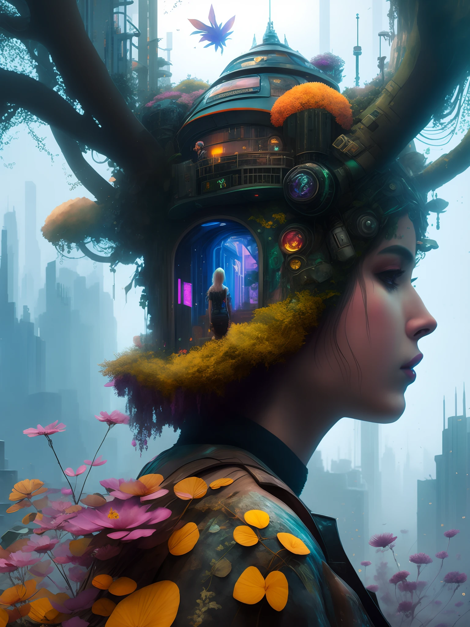 Watercolor painting,ultimate detailed,Masterpiece,there is a woman with a tree head and a building in the background, cyberpunk in foliage, paul lehr and beeple, 3 d render beeple, fantasy art behance, artgem and beeple masterpiece, beeple and jean giraud, beeple art, style hybrid mix of beeple, cyberpunk flowerpunk