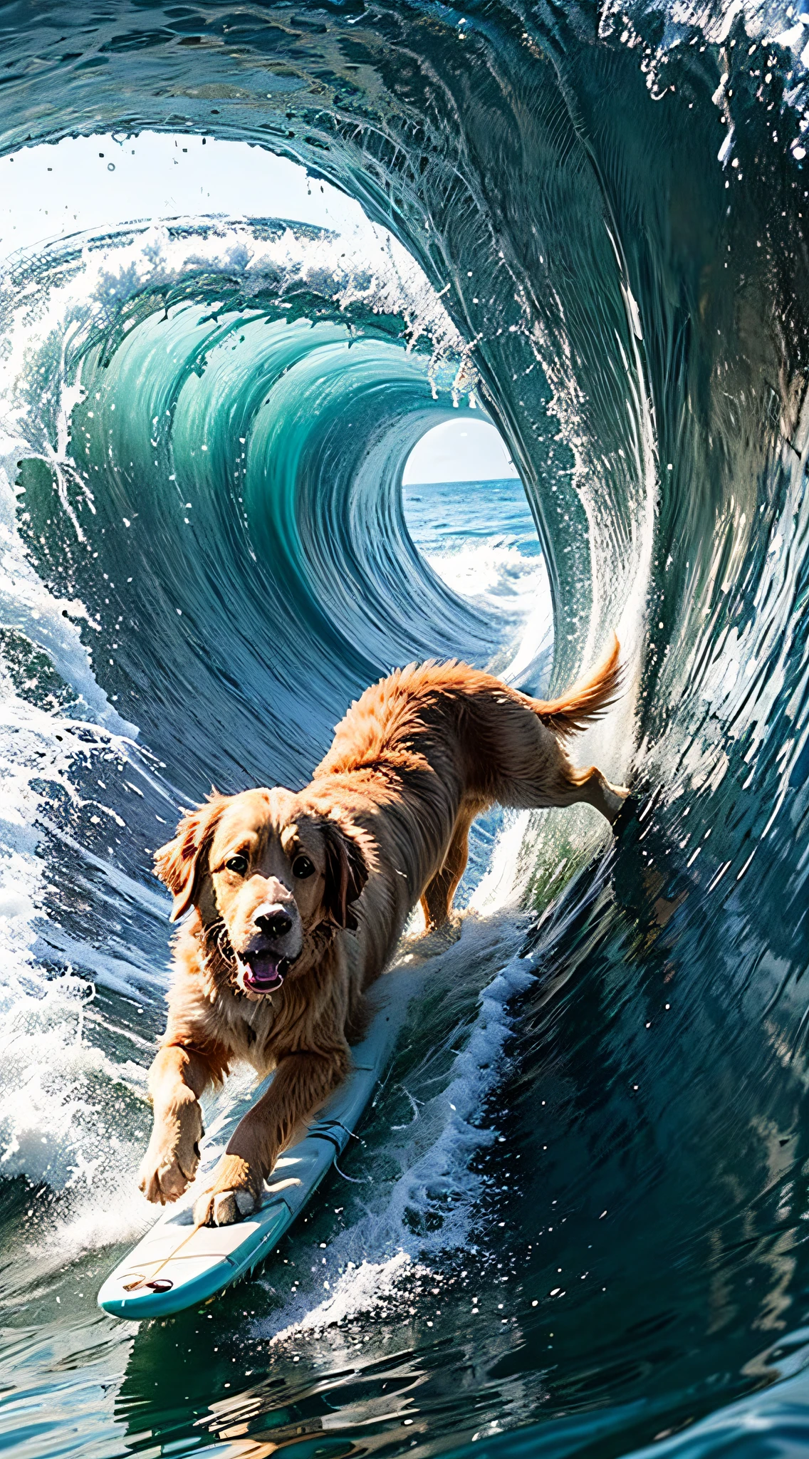 close up photo of a golden retriever surfing in the ocean, waves, a dynamic background