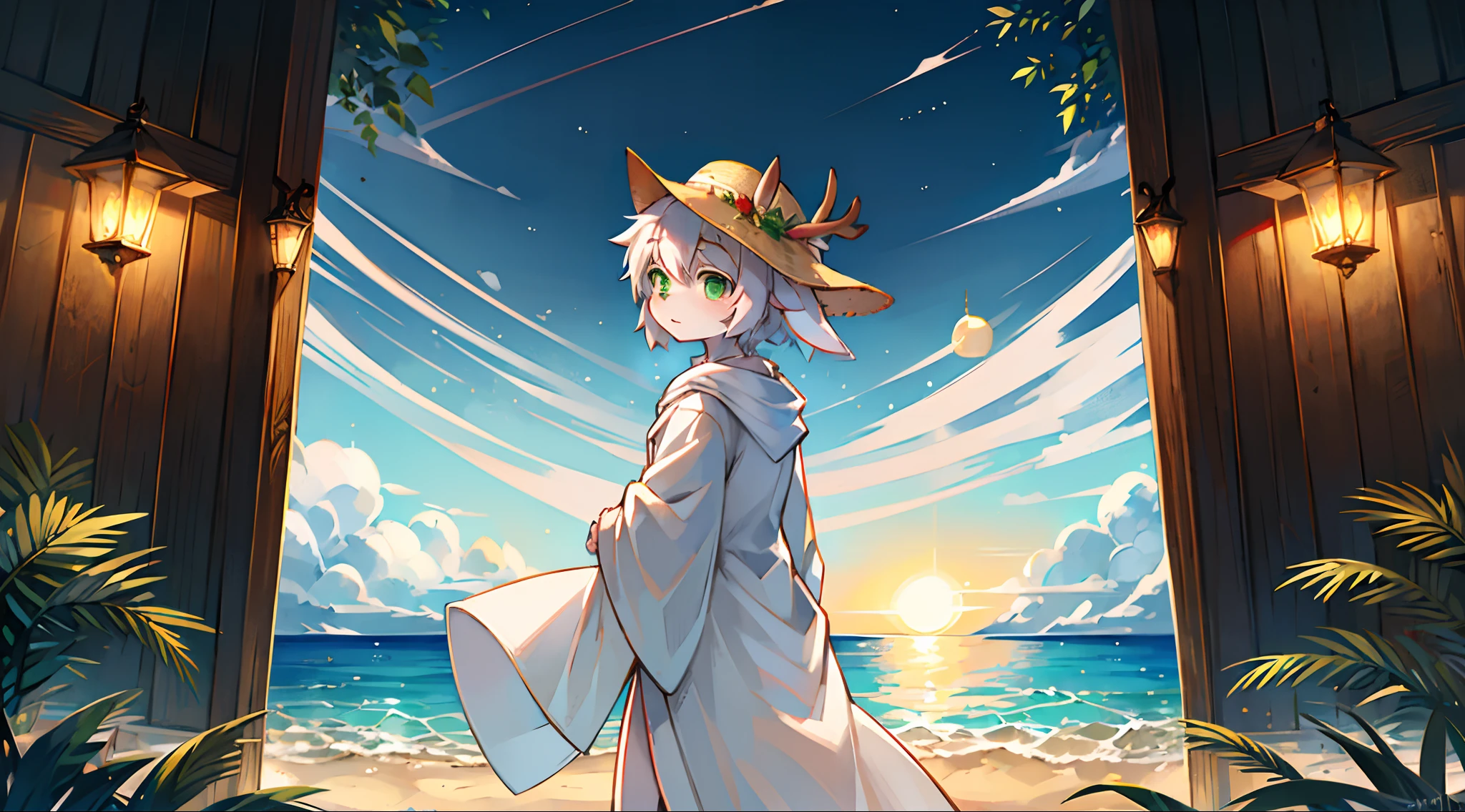 A white deer,Green eyes,long white robe,sandbeach,the ocean,the setting sun,flowing robe,eventide,Straw Hat Hat,Shota,adolable,facing away from the audience,having fun,Expectant eyes,deer antlers,gentleness,Review,Crystal pupils