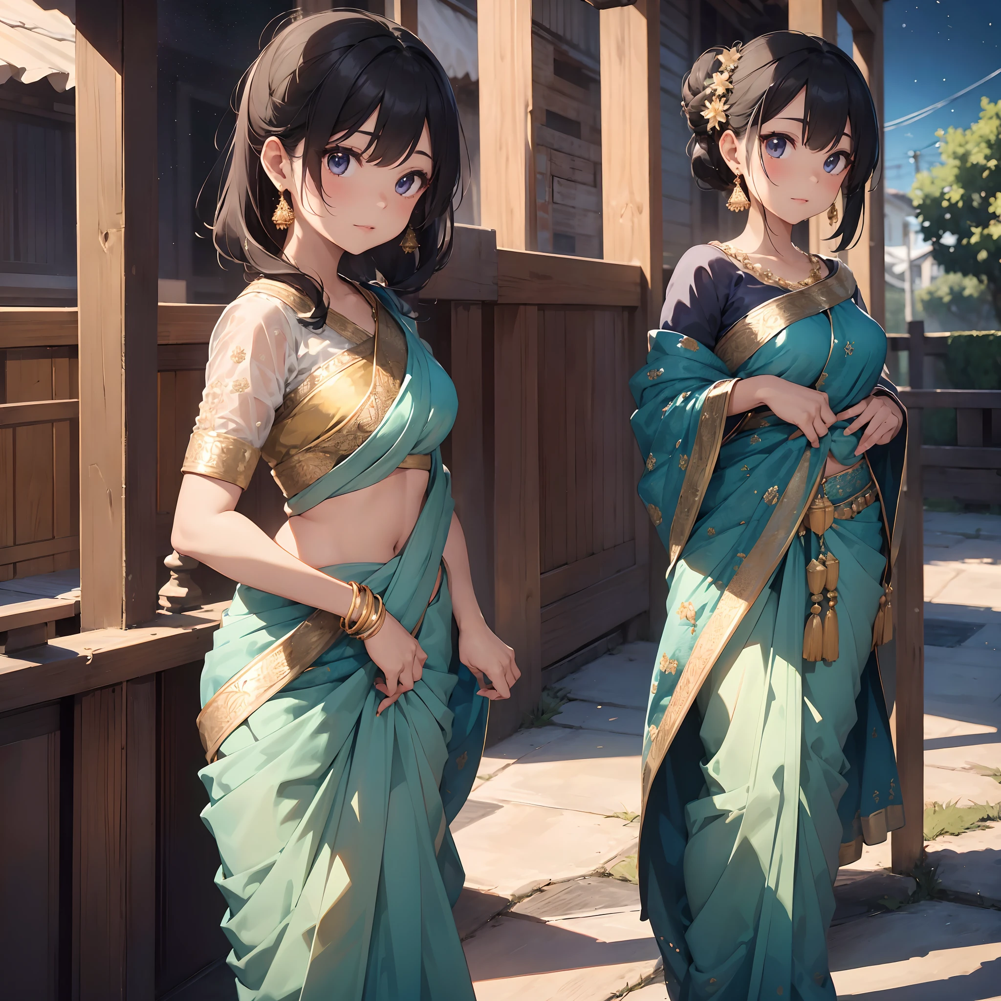 In a setting that exudes elegance and tradition, there stands a beautiful girl adorned in a saree, a garment that weaves together the richness of culture with timeless beauty.
She wears a saree made of the finest silk, a fabric that drapes gracefully over her form, enhancing her every curve (silk saree: 1.0). The saree is a deep shade of royal blue, adorned with intricate golden embroidery that tells a story of tradition and craftsmanship (embroidery: 1.0). As she moves, the saree shimmers like a star-studded night sky, casting a spell of enchantment.
Her blouse is a perfect complement, tailored to perfection and designed with a hint of modern flair. It features a low-cut back that adds a touch of allure while maintaining the saree's timeless elegance (blouse design: 1.0).
Around her waist, she wears a waistband or kamarbandh, adorned with intricate patterns and studded with precious gemstones, adding a regal touch to her attire (kamarbandh: 1.0). Her jewelry includes ornate earrings, a delicate necklace, and bangles that jingle with every graceful step she takes (saree jewelry: 1.0).
Her hair is styled in a traditional bun, adorned with jasmine flowers that release their sweet fragrance with every movement (hairstyle: 1.0). Her eyes are lined with kohl, and her lips are adorned with a deep, velvety shade that accentuates her natural beauty (makeup: 1.0).
As she walks, the pleats of her saree sway in rhythm with her steps, and her presence commands attention, evoking admiration and respect. She embodies the timeless allure of a woman in a saree, where beauty and tradition come together in perfect harmony.