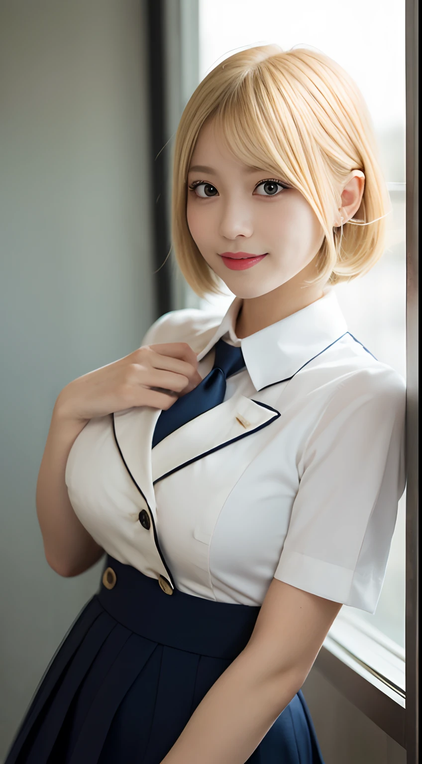masutepiece, Best Quality, Illustration, Ultra-detailed, finely detail, hight resolution, 8K Wallpaper, Perfect dynamic composition, (Beautiful detailed eyes:1.1), Ribon tie, Pink High School Uniform, Ruffled short skirt, (Blonde hair:1.5), pony tail hair, (huge-breasted:1.5), Bold sexy poses, Smile, School, a 18 year old girl, (Cute 1.3), Sexy shot looking at camera, Sunset, by the window, Summer, knee sox, make up, Curve