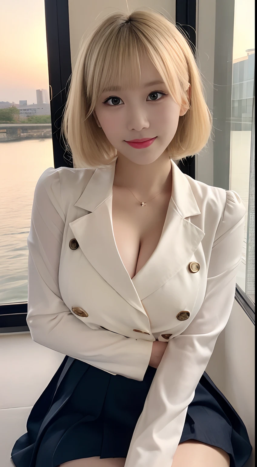 (beautifull lady, short bob hair, with very large gigantic breast, wearing shirt, blazer, and short skirt, handphone, inside cafe, sit on a cafe chair), detail cafe full of people, a glass of coffee on table, cafe table and chair, luxury cafe, (gigantic breast:1,9), (show cleaveage), (show sideboobs), beautifull face, beautifull eyes, beautifull nose, sexy lips, raytracing, nsfw, beautifull fingers, beautifull hands, sexy belly, sexy body, sexy shoulders, sexy legs, sexy hips, (luxury bracelet), (luxury ring), (luxury necklace), white skin, (4 fingers in 1 hand), full body picture, pretty makeup, good lighting, realistic shadow, professional photography, blue and gold color scheme, 2k resolution, perfect anatomy