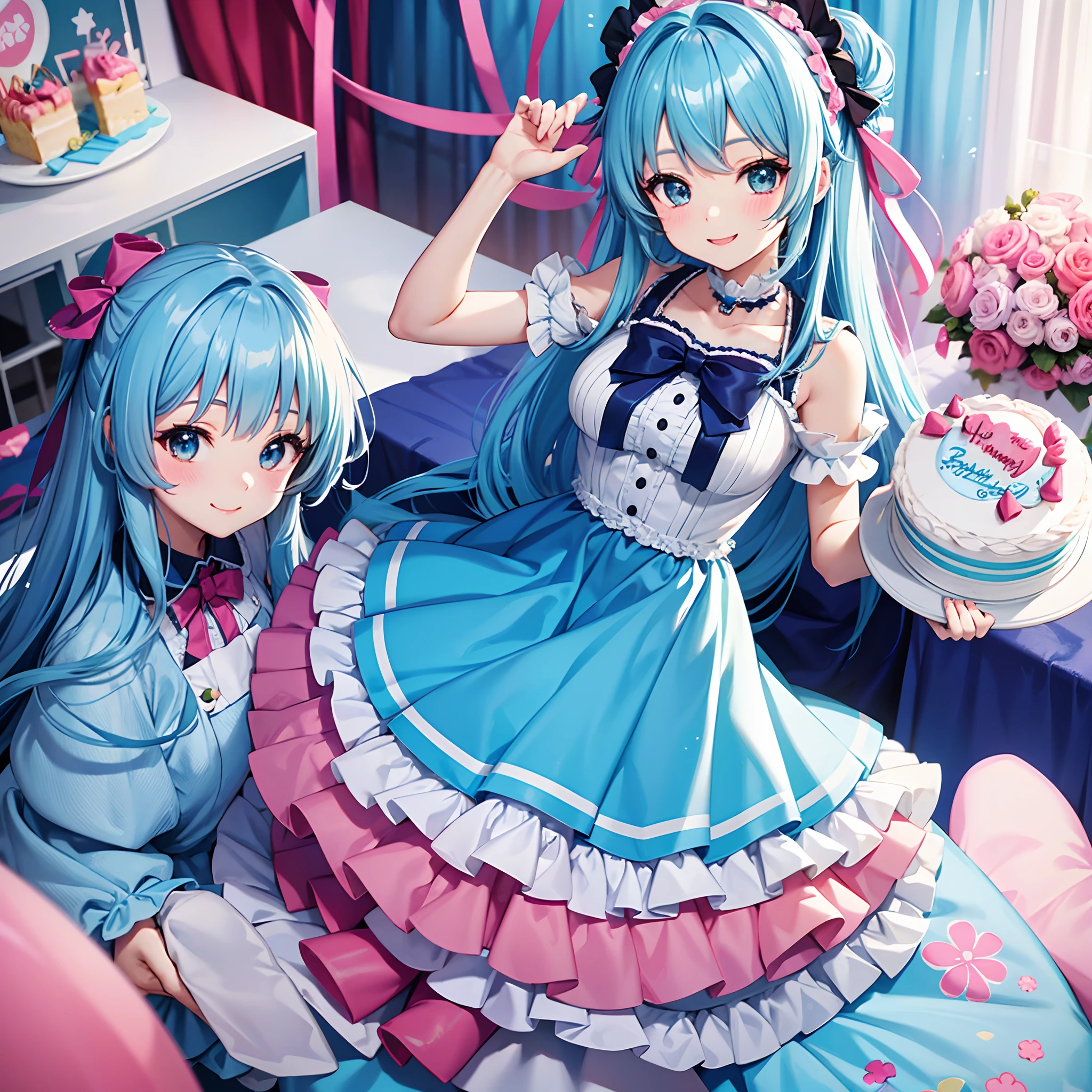 Pretty girl blue hairs Long Twin-tailed adorable smiling birthday celebration a cake adorable smiling ta style dresses
