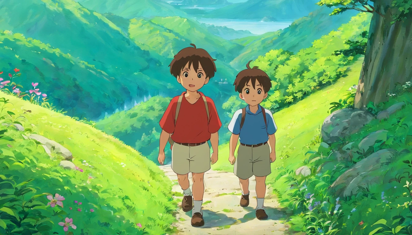 Two little boys,One fat and one thin,Stand on a mountain path surrounded by greenery,Close-up