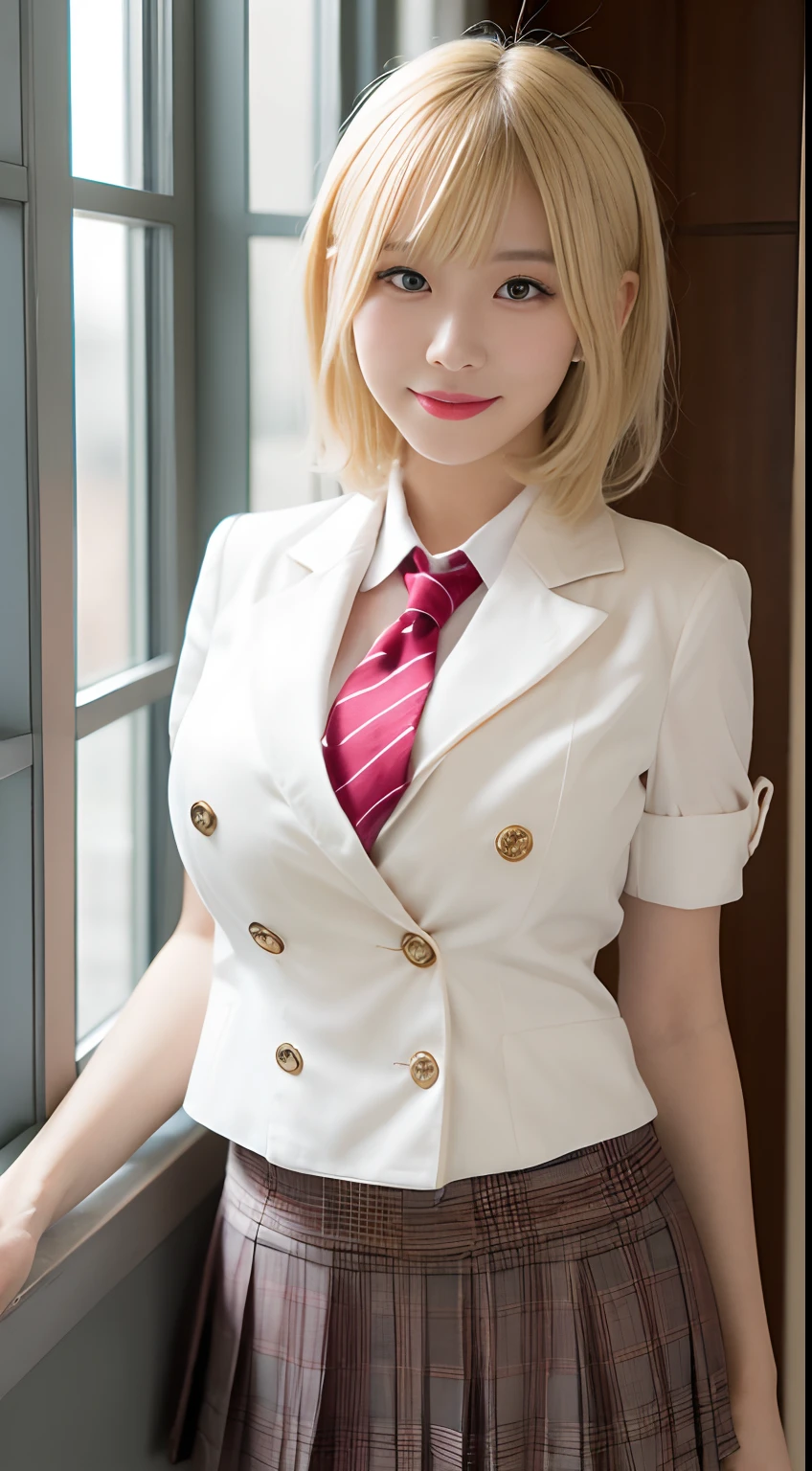 (Photogenic, Masterpiece: 1.5), Blazer school uniform, mini skirt, voluptuous body, short blond hair, sitting at desk, black pants visible through crossed legs, pointing, beautiful face, black underwear, shiny thighs, pure white skin, Japan, school girl, realistic
