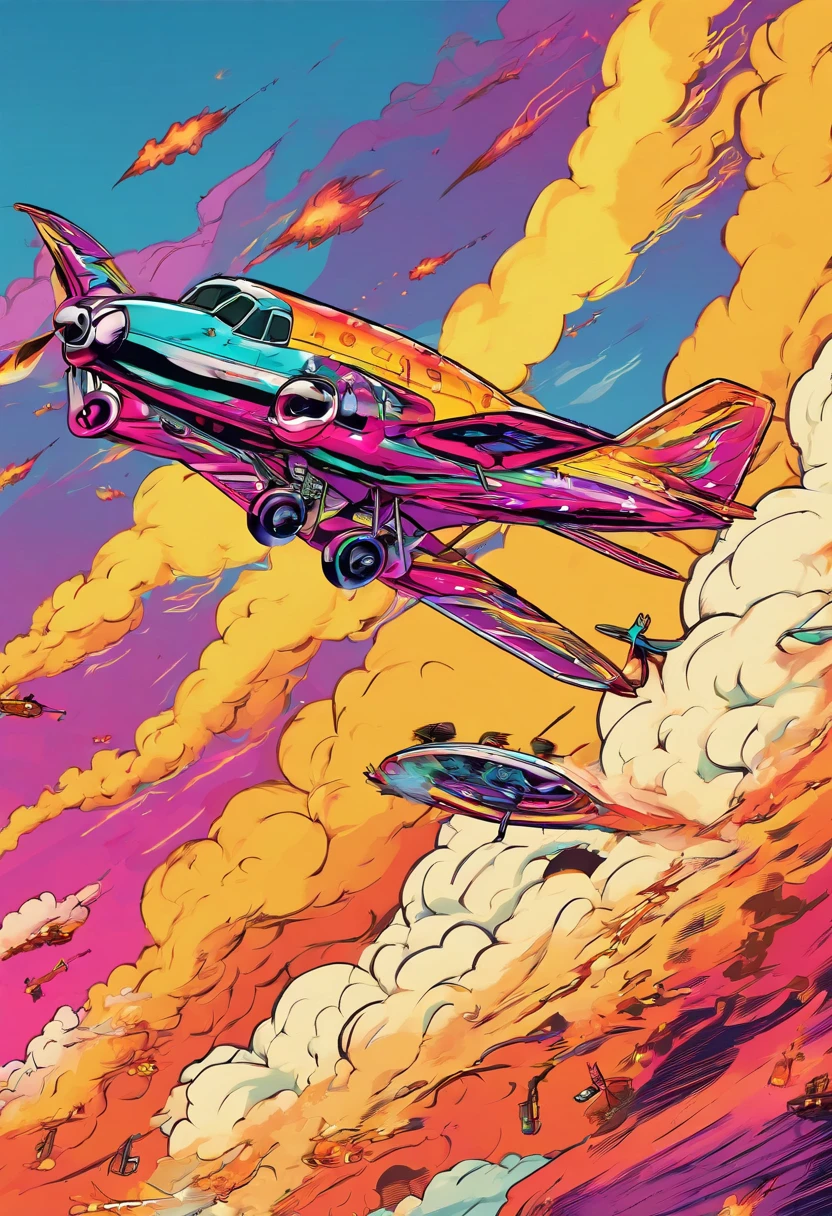 "(best quality,highres),an airplane flying in the sky,flames on the wing,"