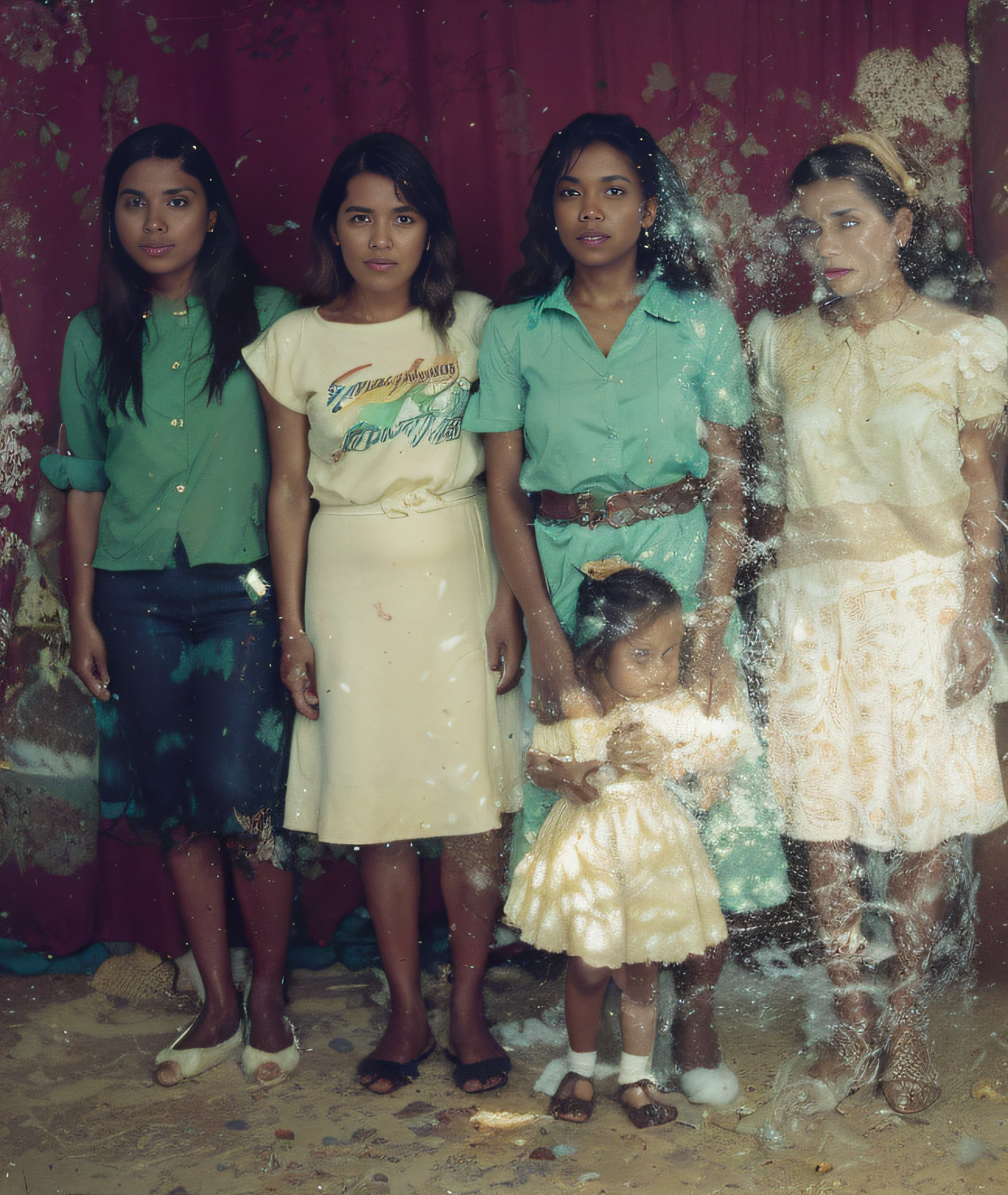 There are three women standing together in a room, old color photograph, foto antigua, Foto antigua en color, Imagen antigua, Damaged grainy photo, foto restaurada, Location unknown, Vintage granulado, 1 9 8 0 s foto, Photo from the 1980s, Foto coloreada, hi-res scan, hi - res scan, 1 9 7 0 s foto