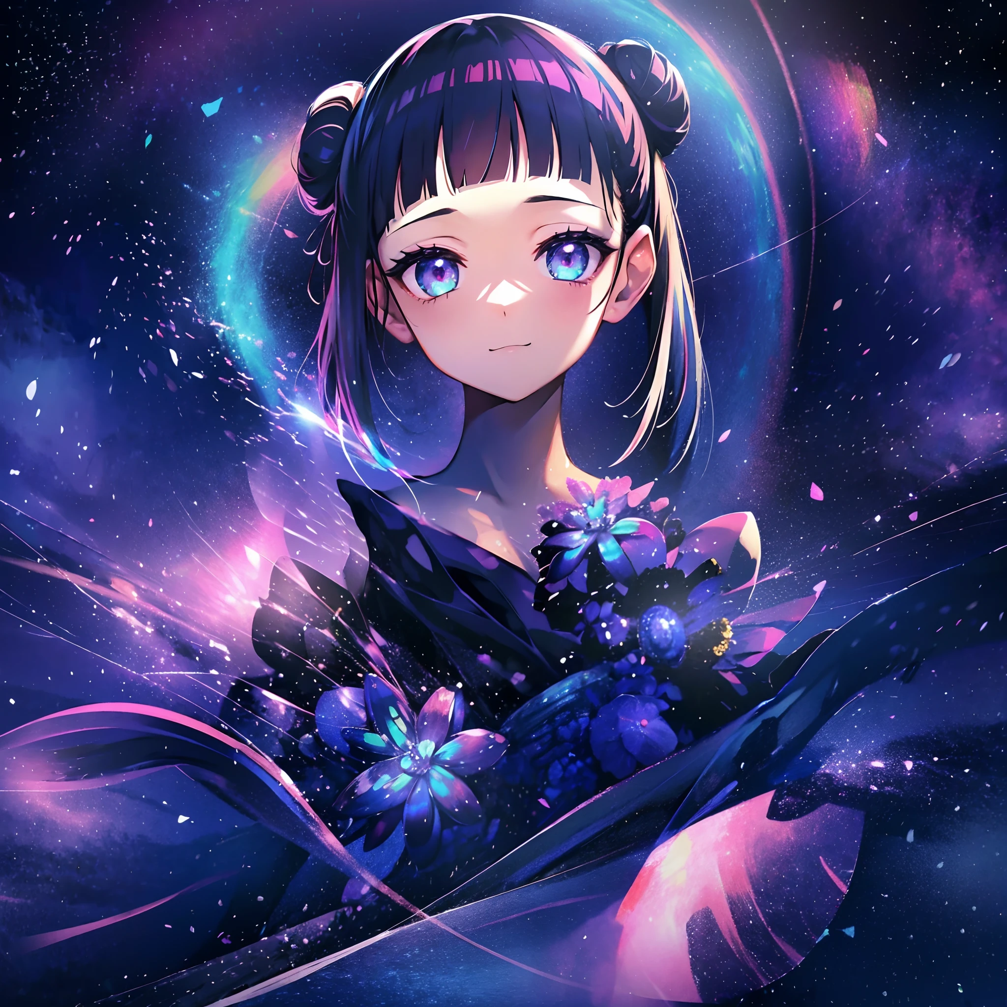 masutepiece:1.4), Rich in pH 、1girl in、 Solo、(Best Quality:1.3), High resolution, on back,Superb view、(One Cute Girl:1.3), Solo, huge smile、A ring of iridescent angels hovers above my head、full bodyesbian(3:4)SWAV,Big iridescent heart on background、Angel Ring、maid clothes、Eight-headed body、with full of stars、Meteor swarm、crouching down、Close one eye、Forehead、wide forehead、Model Standing、Large bouquet、Bouquet of iridescent colors、holding flower bouquet、Focus on eye brightness、yogapose、gray hair, (bobhair:1.2), Mixed mesh and light blue、Bun hair, (Blunt bangs:1.2), Eyes are purple, Miraculous Eye、Light from the eyes、Beautiful detailed eyes, ultradetailed eyes、Glitter eyes,from the rear、yoga、Colorful starry sky,Stars,Iridescent aura around the eyes、Raise your hand to stretch、Lie down and stick your hips out、Iridescent eyes、Wearing a rainbow-colored aura from the whole body、 Shadow lighting,perfectbody