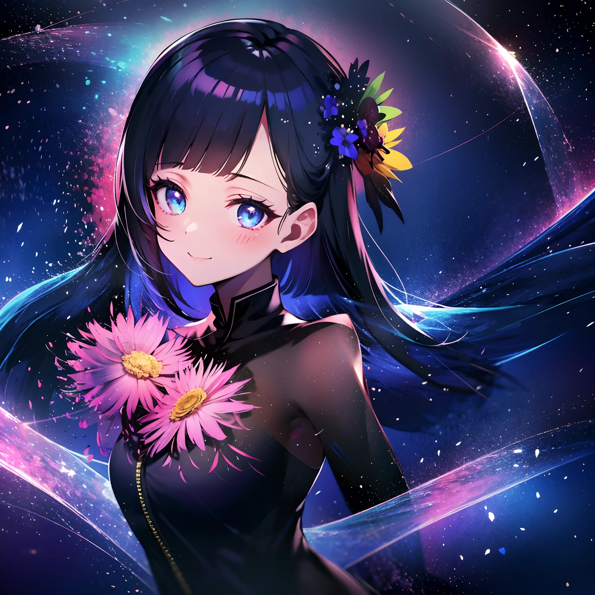 masutepiece:1.4), Rich in pH 、1girl in、 Solo、(Best Quality:1.3), High resolution, on back,Superb view、(One Cute Girl:1.3), Solo, huge smile、A ring of iridescent angels hovers above my head、full bodyesbian(3:4)SWAV,Big iridescent heart on background、Angel Ring、maid clothes、Eight-headed body、with full of stars、Meteor swarm、crouching down、Close one eye、Forehead、wide forehead、Model Standing、Large bouquet、Bouquet of iridescent colors、holding flower bouquet、Focus on eye brightness、yogapose、gray hair, (bobhair:1.2), Mixed mesh and light blue、Bun hair, (Blunt bangs:1.2), Eyes are purple, Miraculous Eye、Light from the eyes、Beautiful detailed eyes, ultradetailed eyes、Glitter eyes,from the rear、yoga、Colorful starry sky,Stars,Iridescent aura around the eyes、Raise your hand to stretch、Lie down and stick your hips out、Iridescent eyes、Wearing a rainbow-colored aura from the whole body、 Shadow lighting,perfectbody