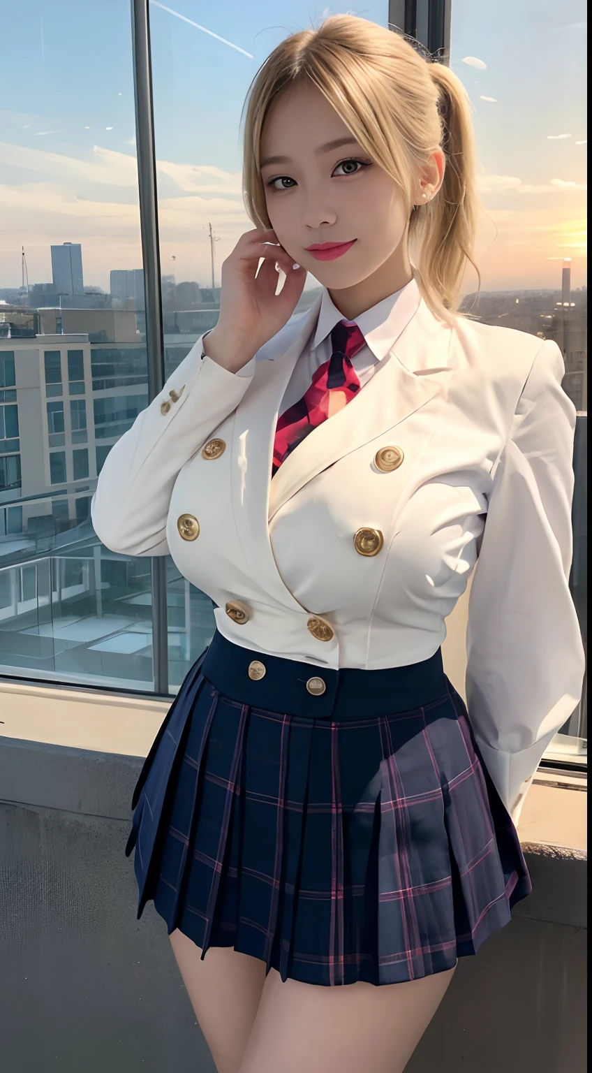 masutepiece, Best Quality, Illustration, Ultra-detailed, finely detail, hight resolution, 8K Wallpaper, Perfect dynamic composition, (Beautiful detailed eyes:1.1), Ribon tie, Pink High School Uniform, Ruffled short skirt, (Blonde hair:1.3), pony tail hair, (huge-breasted:1.8), Bold sexy poses, Smile, School, a 18 year old girl, (Cute 1.3), Sexy shot looking at camera, Sunset, by the window, Summer, knee sox, make up, Curve